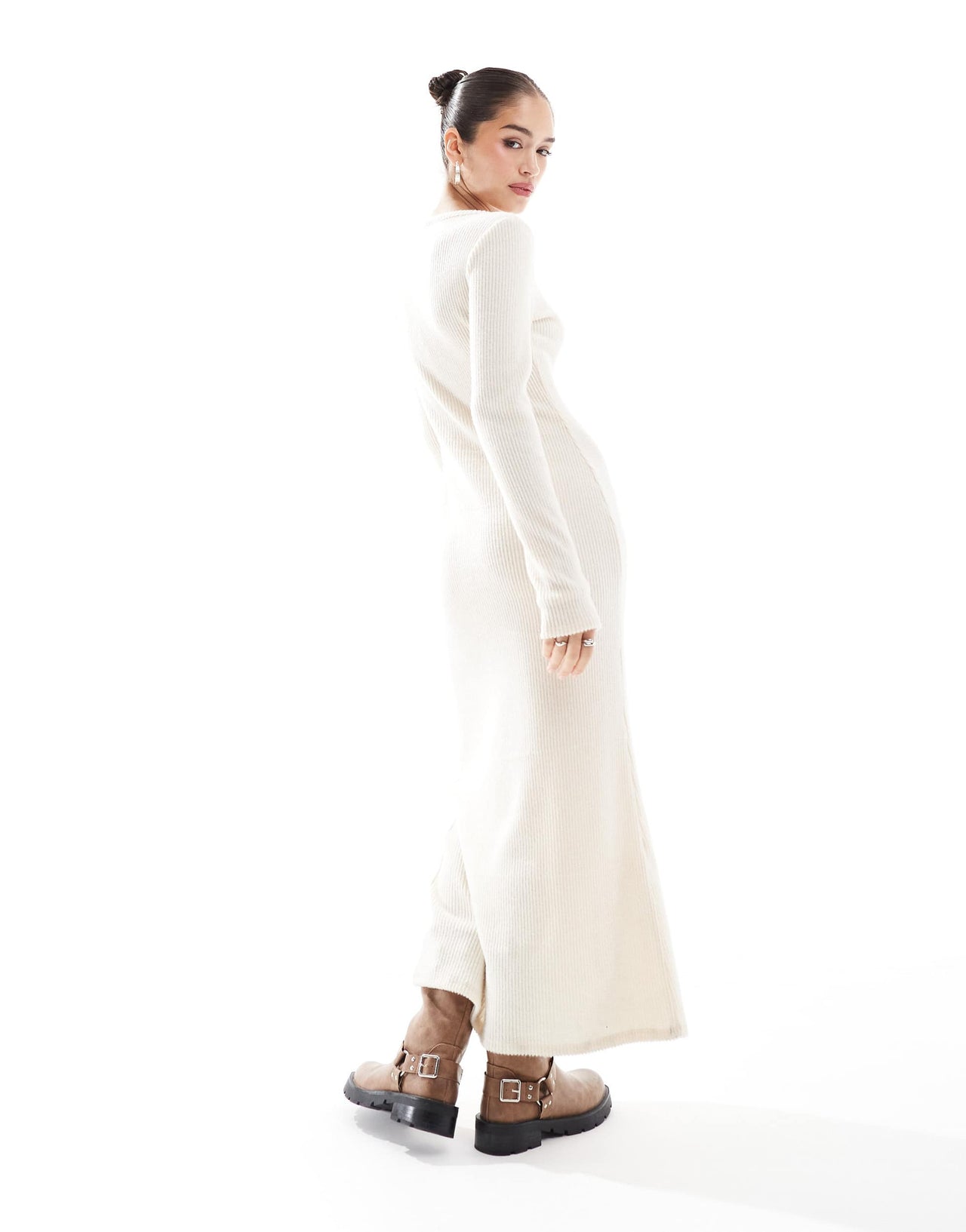 ASOS DESIGN supersoft fluffy ribbed asym button down midi dress in oatmeal