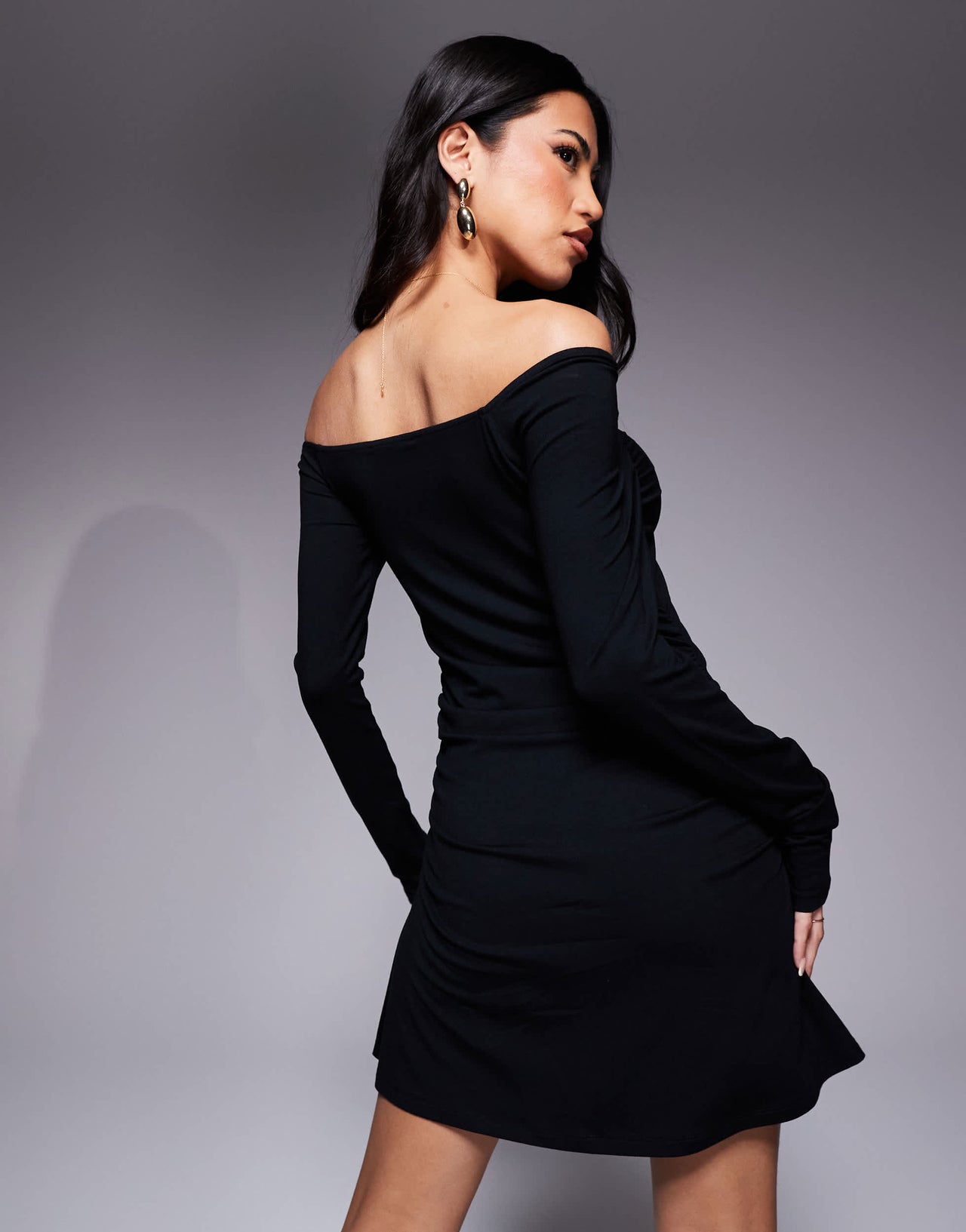 ASOS DESIGN off shoulder asymmetric mini dress in black