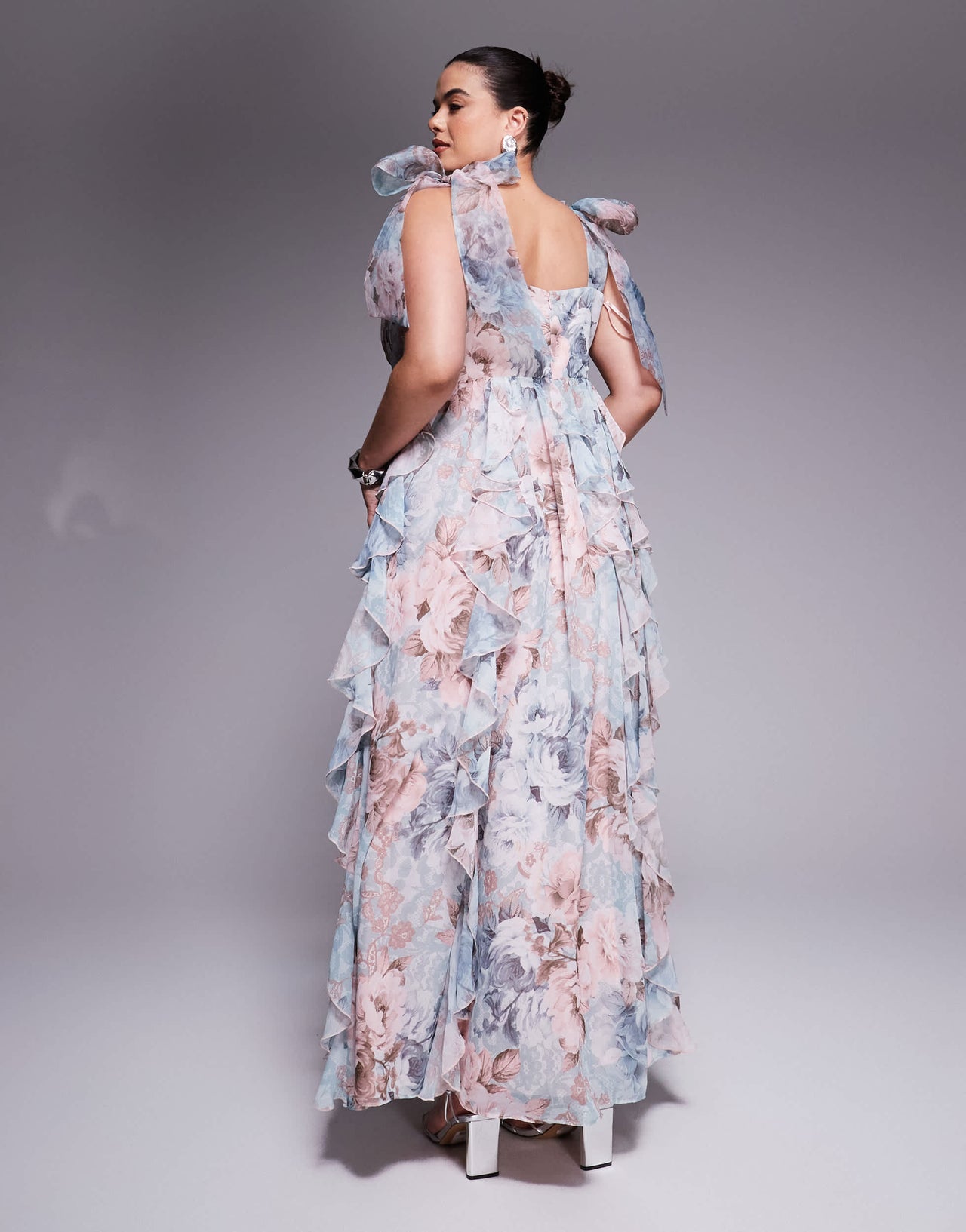 ASOS LUXE Curve maxi dress with waterfall ruffles and tie straps in lace floral print