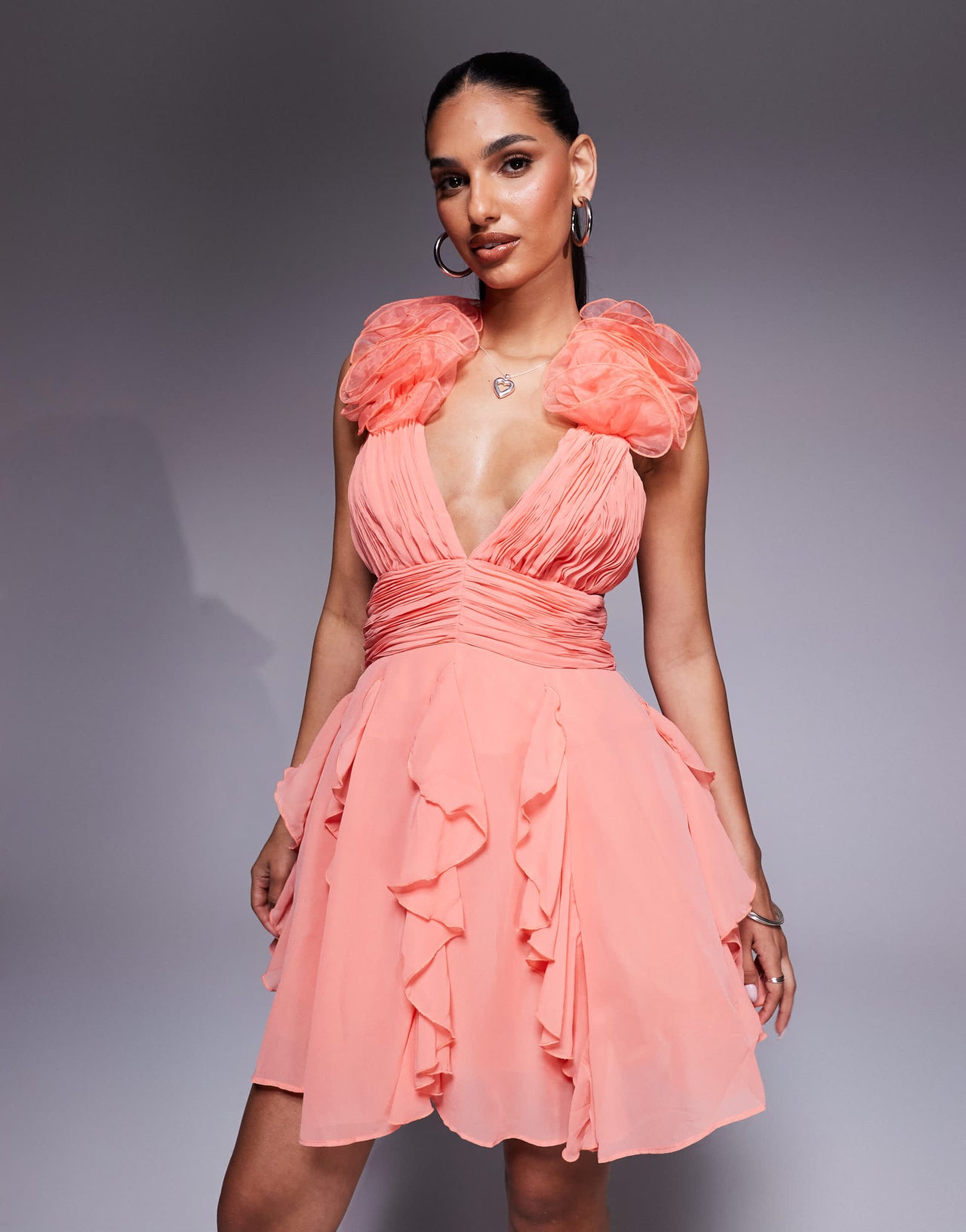 ASOS LUXE Organza ruffle skater mini dress in pink