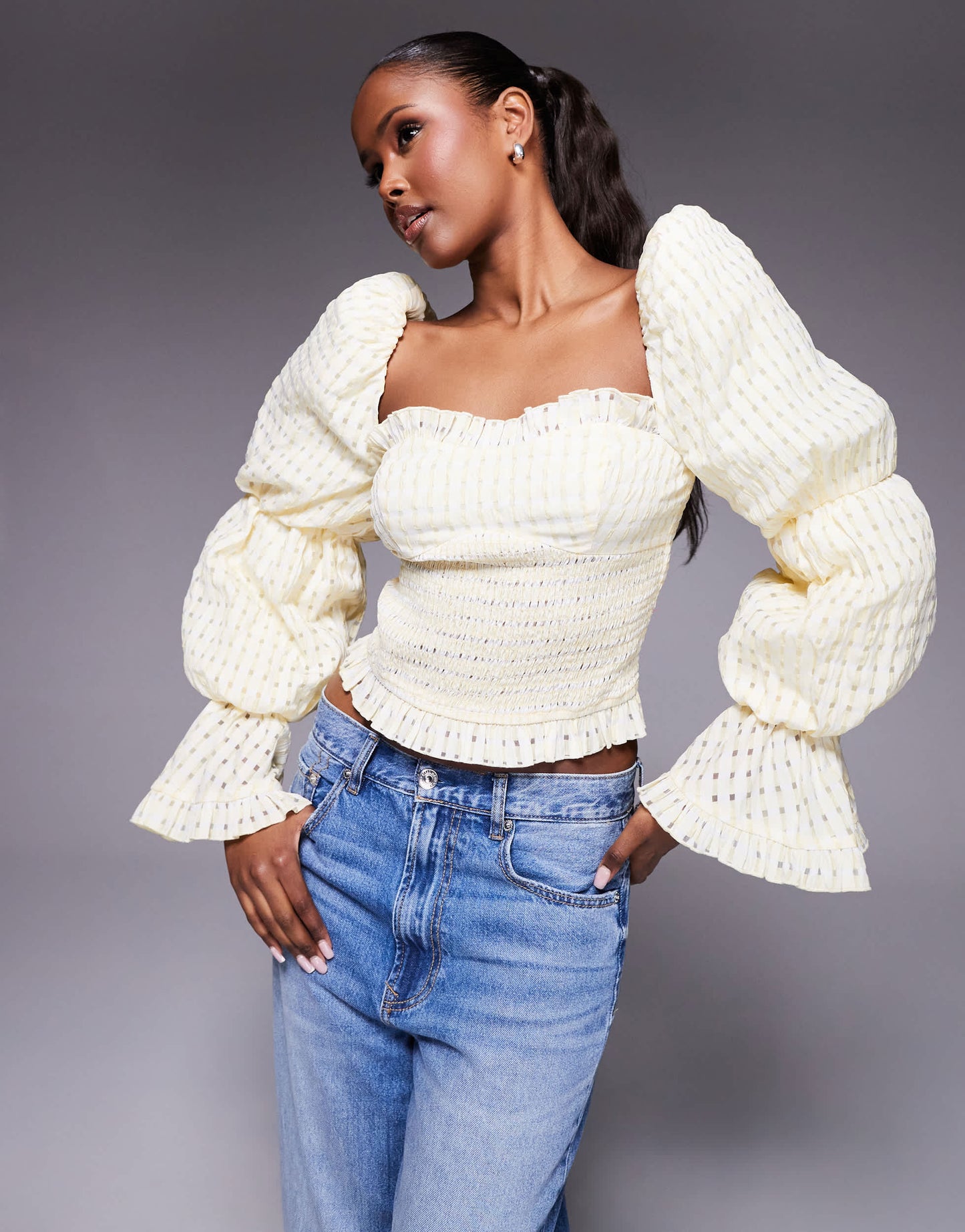 ASOS LUXE shirred textured gingham puff sleeve top in buttermilk