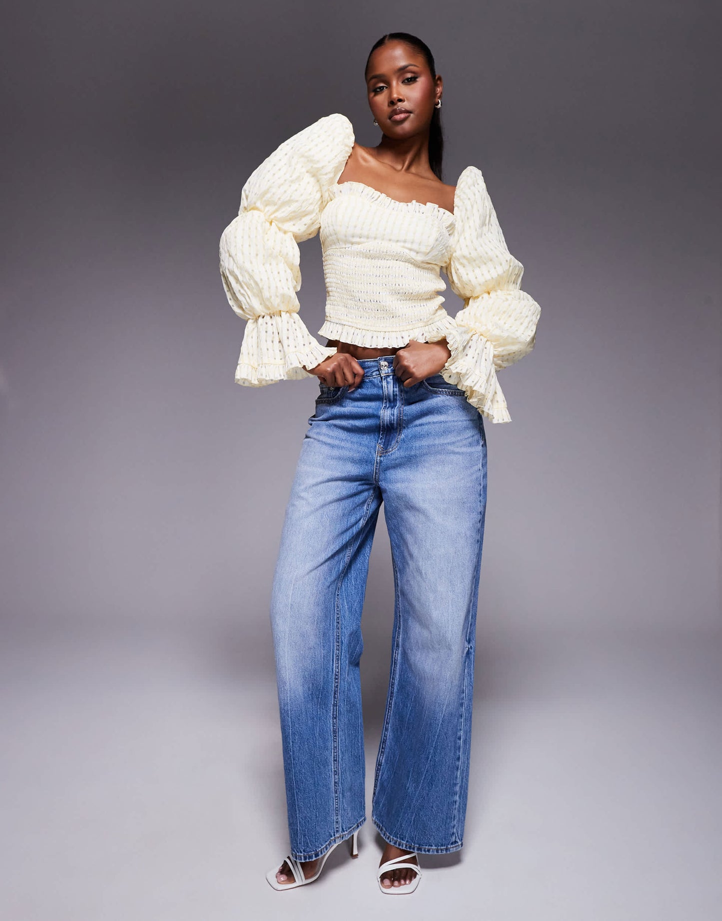 ASOS LUXE shirred textured gingham puff sleeve top in buttermilk