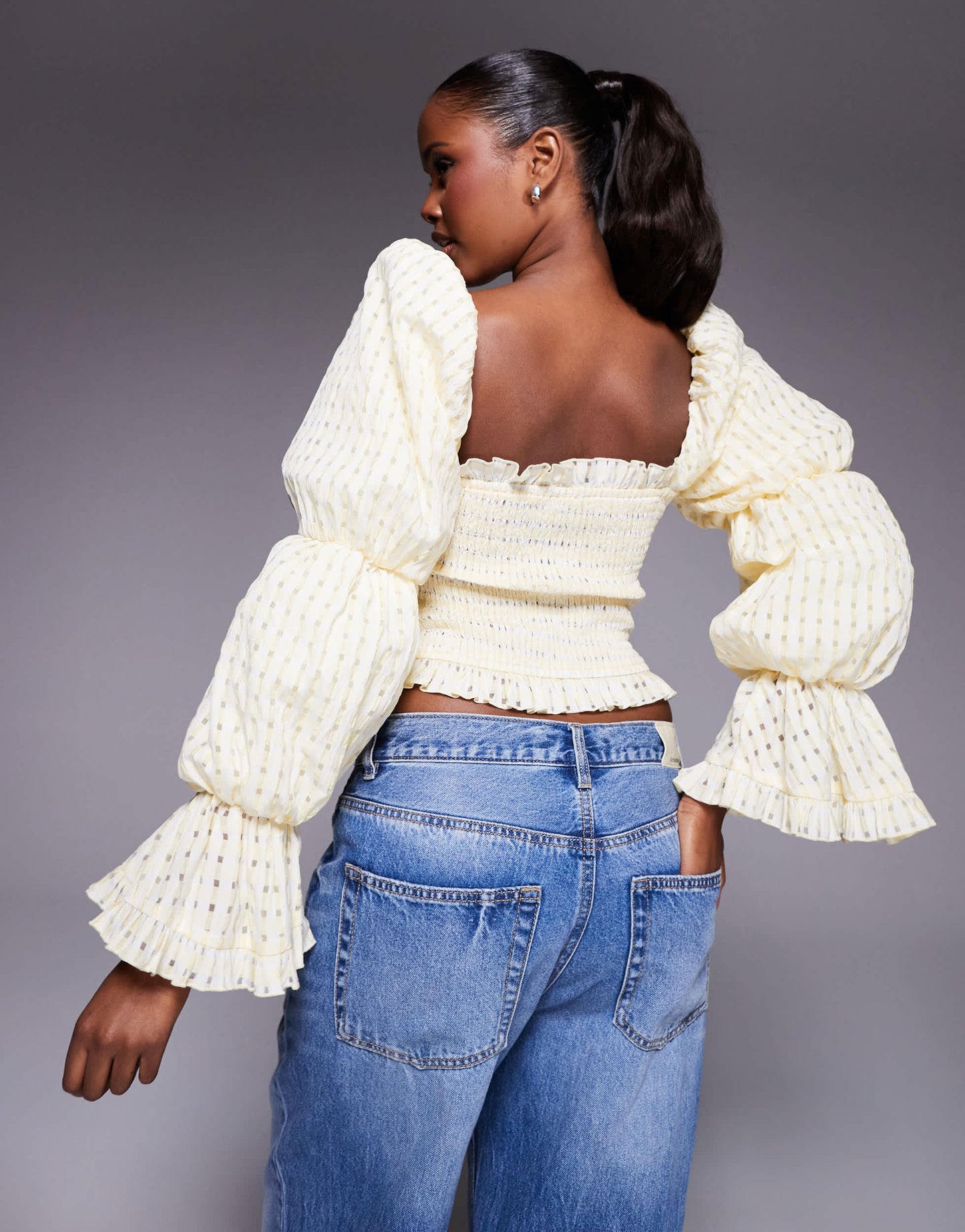 ASOS LUXE shirred textured gingham puff sleeve top in buttermilk
