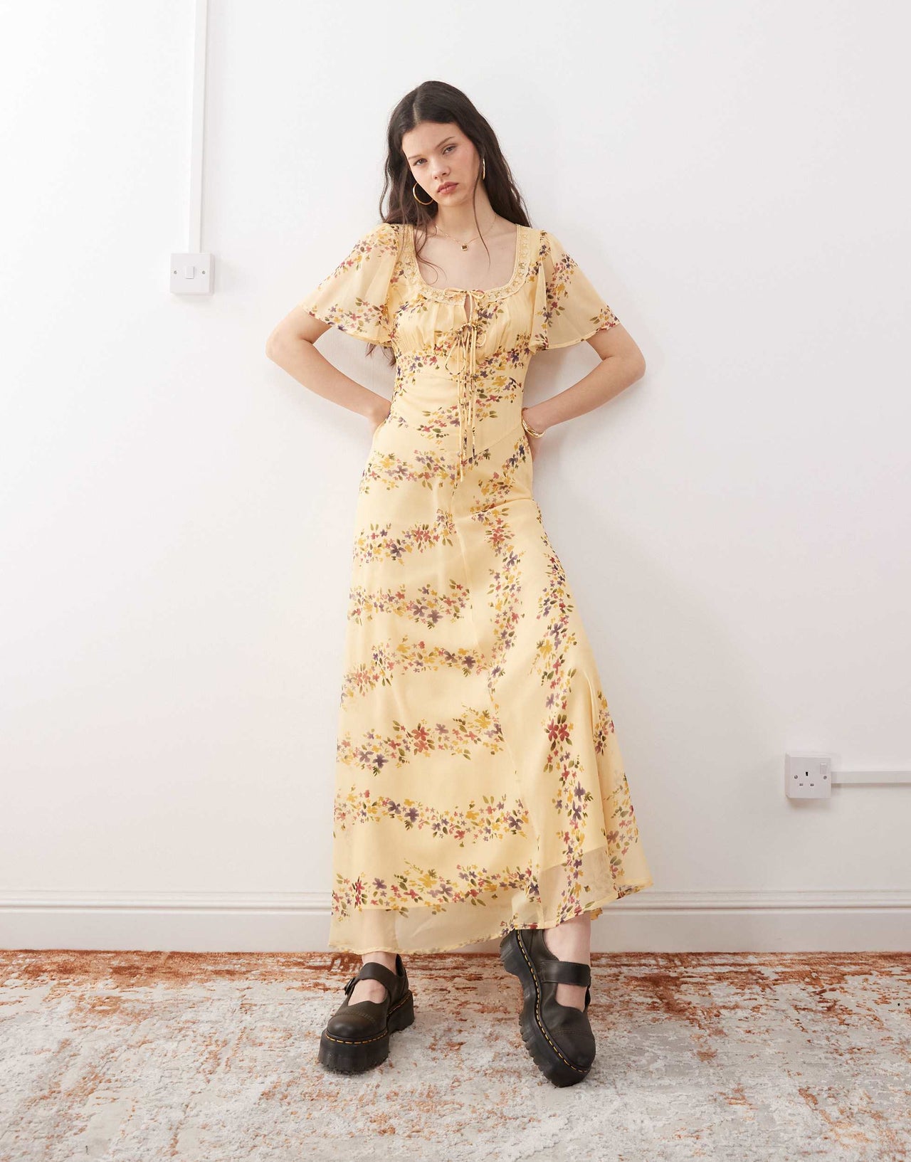 Reclaimed Vintage maxi tea dress with lace in ditsy butter yellow floral print