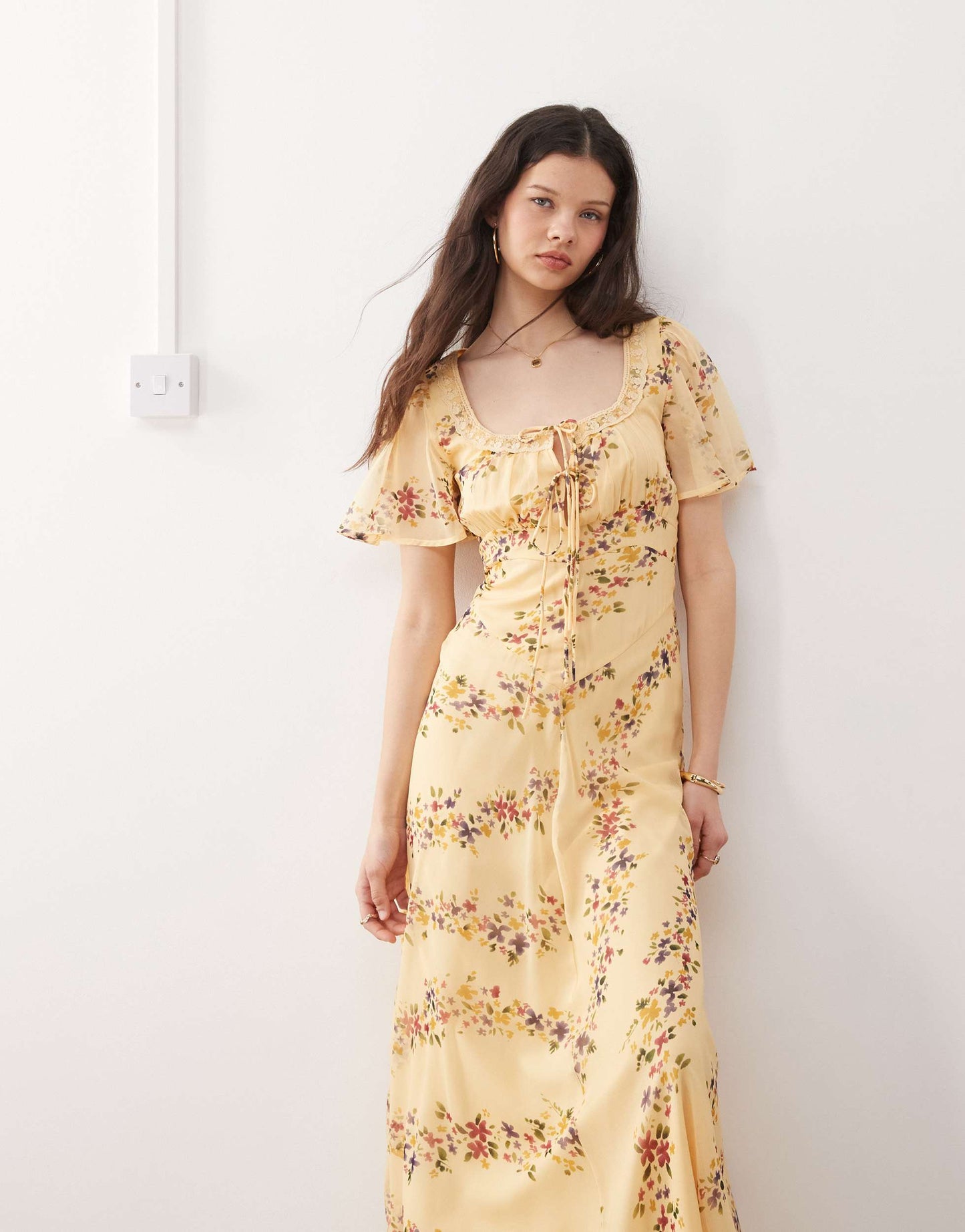 Reclaimed Vintage maxi tea dress with lace in ditsy butter yellow floral print