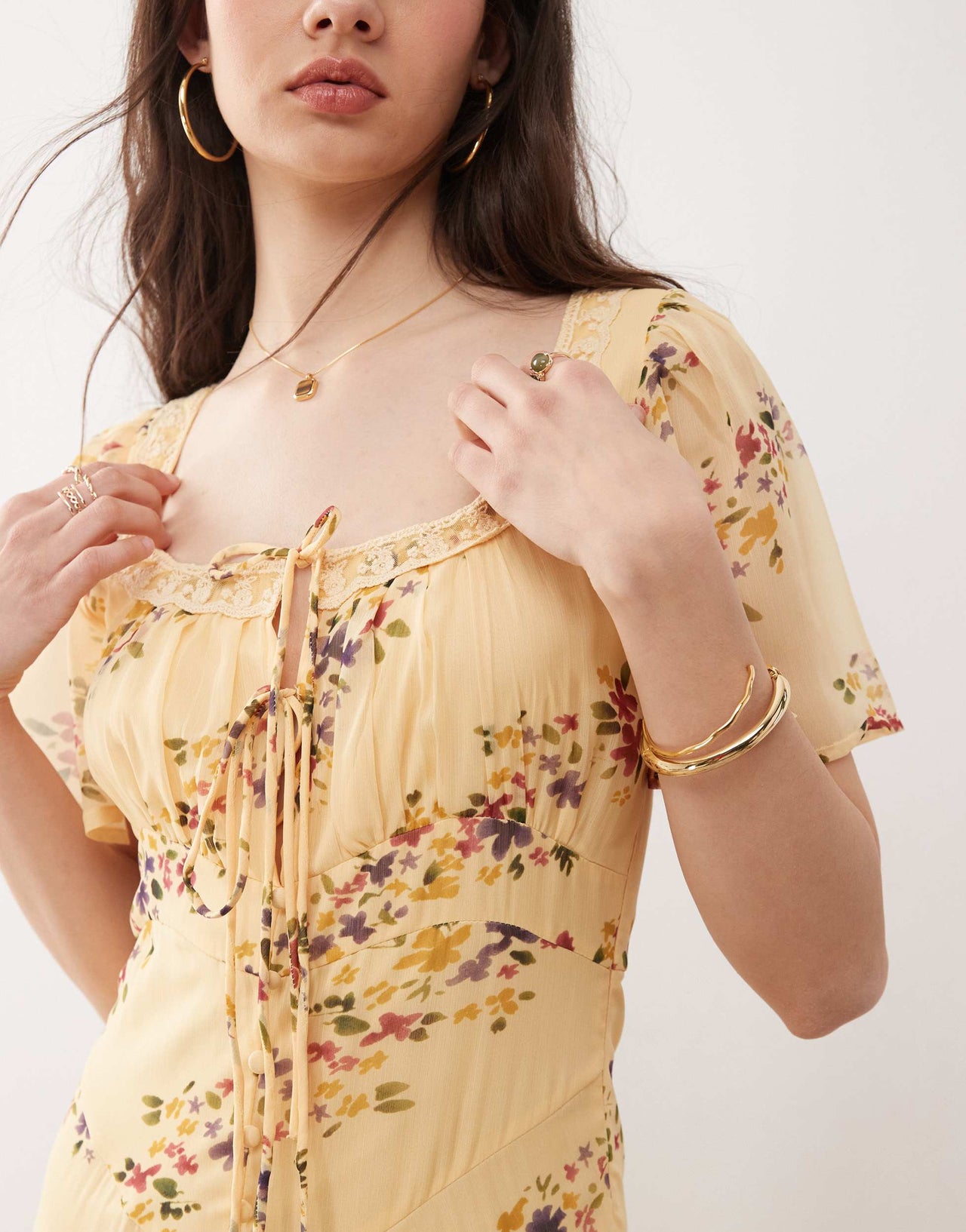 Reclaimed Vintage maxi tea dress with lace in ditsy butter yellow floral print