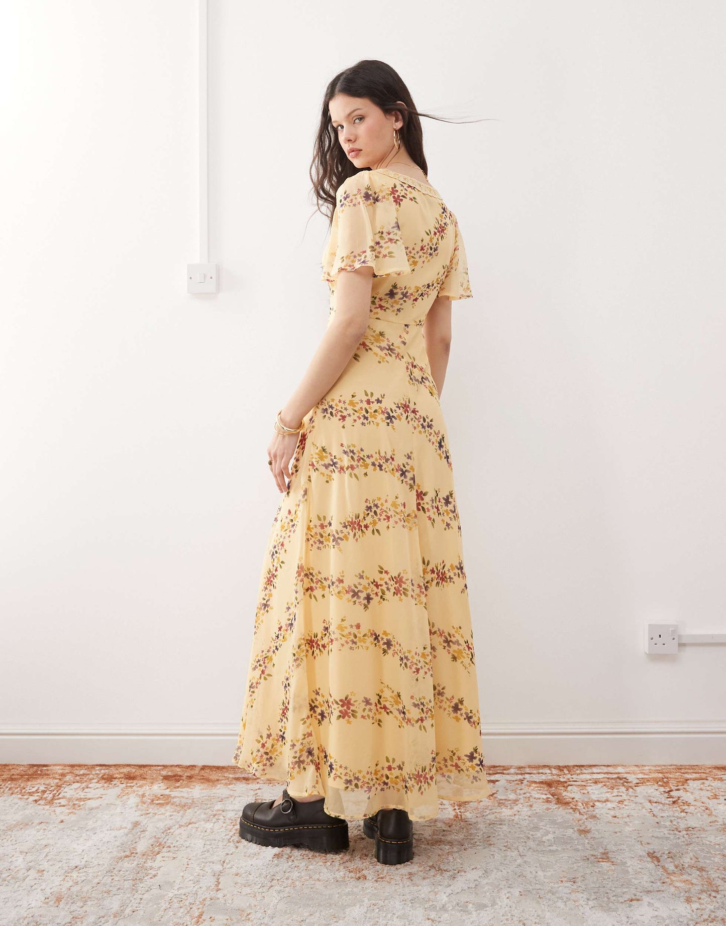 Reclaimed Vintage maxi tea dress with lace in ditsy butter yellow floral print