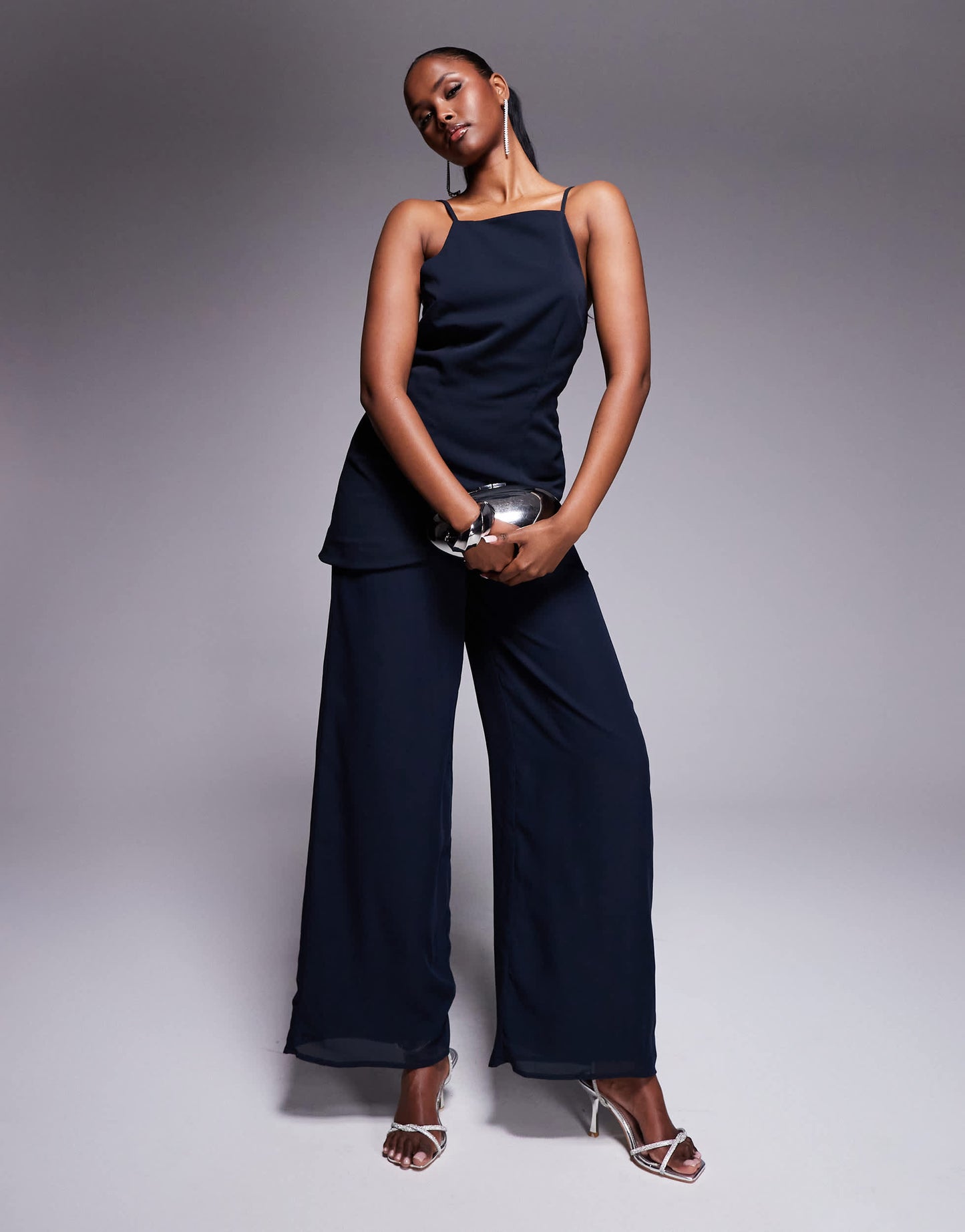 ASOS DESIGN square neck structured jumpsuit with chiffon trouser in navy