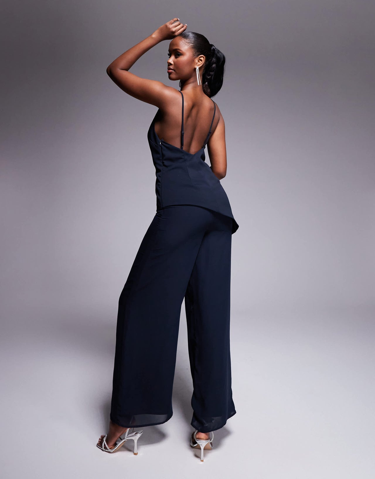 ASOS DESIGN square neck structured jumpsuit with chiffon trouser in navy