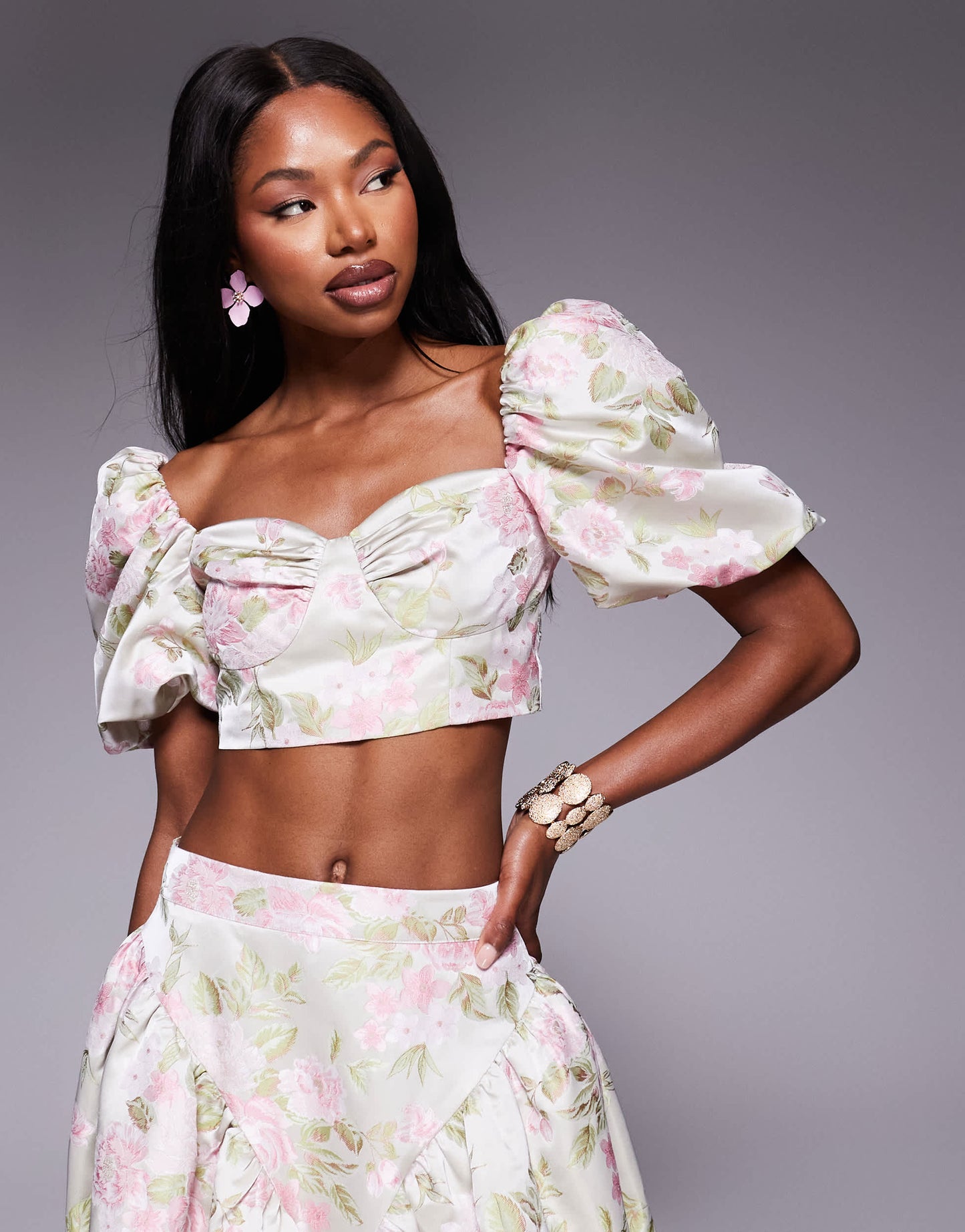 ASOS LUXE co-ord jacquard puff sleeve top in tulip jacquard