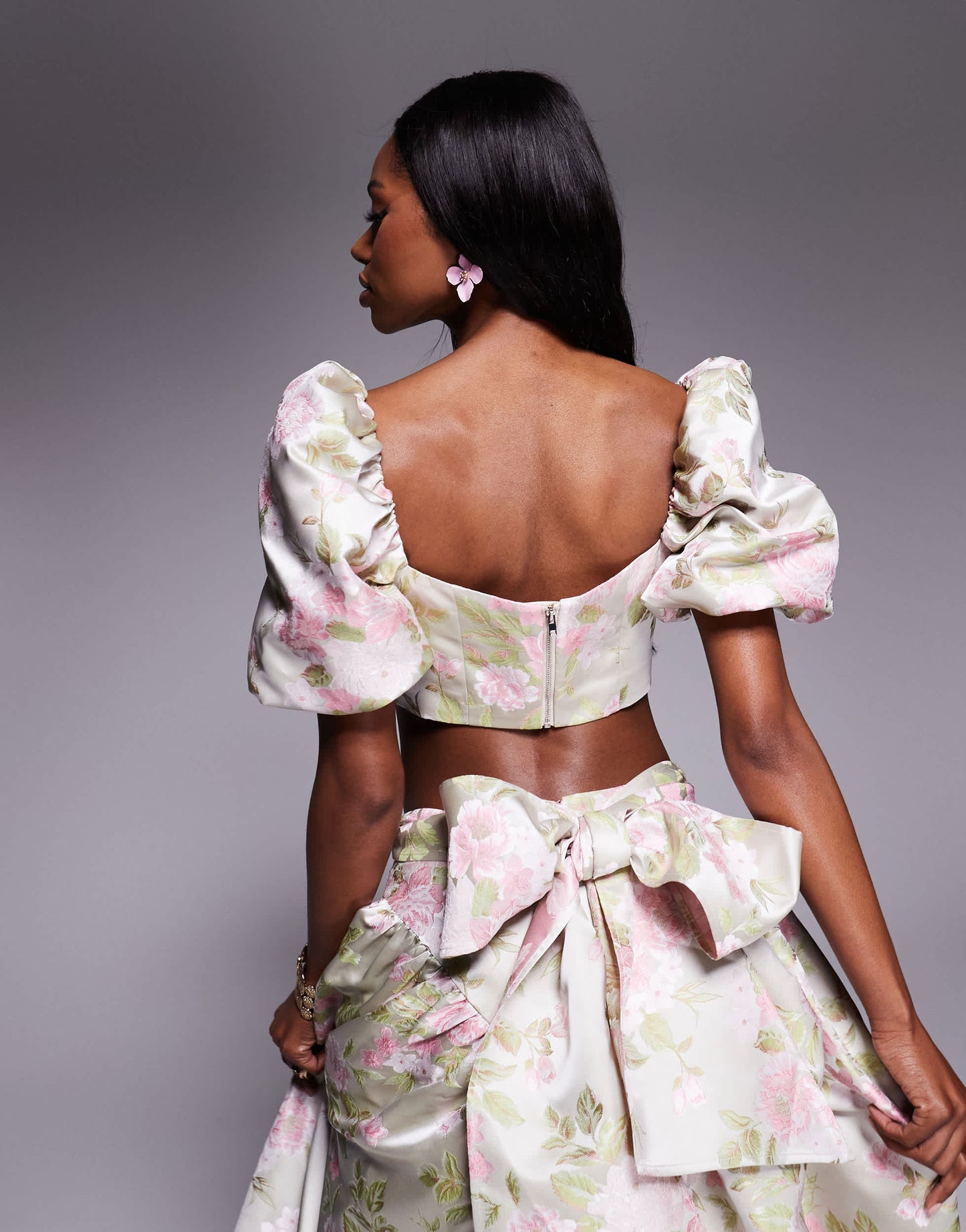 ASOS LUXE co-ord jacquard puff sleeve top in tulip jacquard
