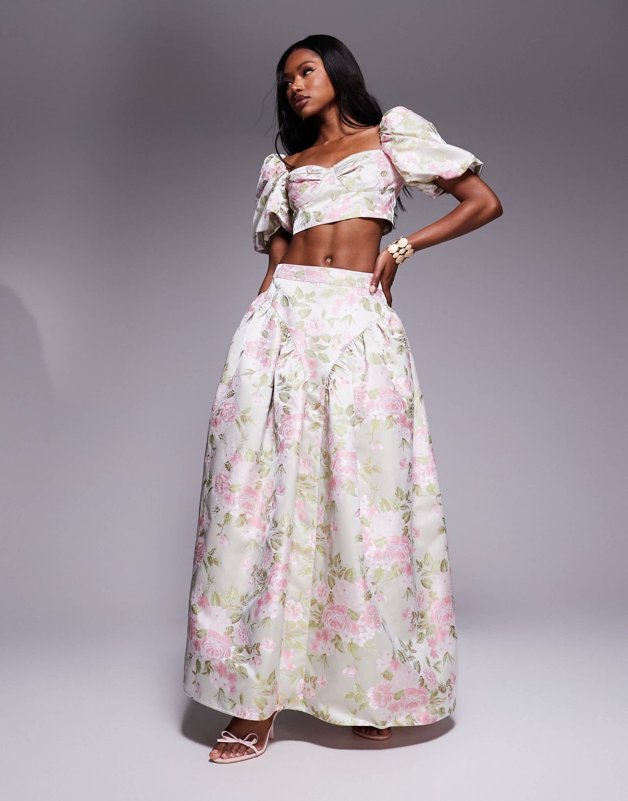 ASOS LUXE co-ord jacquard puff sleeve top in tulip jacquard
