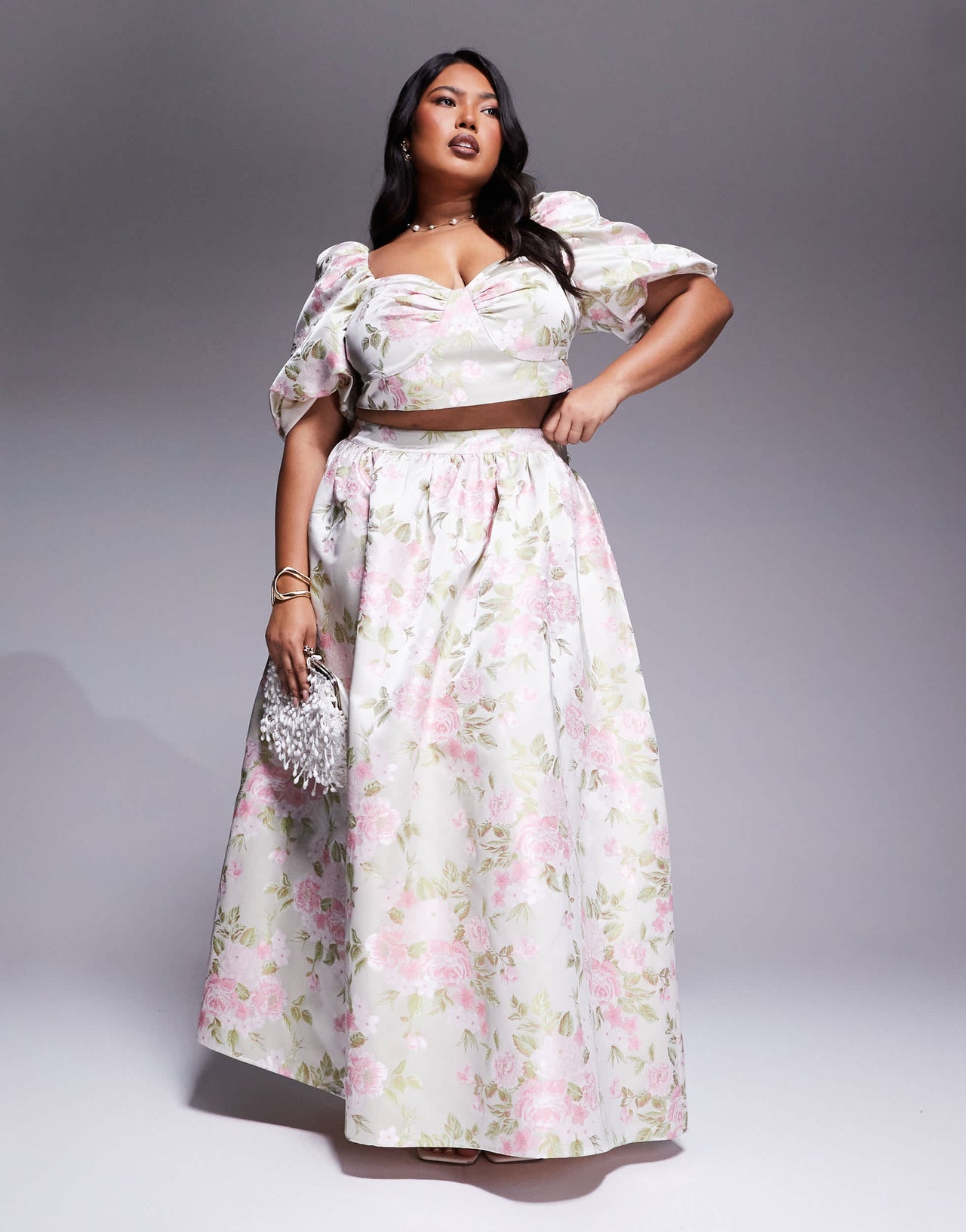 ASOS LUXE Curve co-ord jacquard puff sleeve top in tulip jacquard