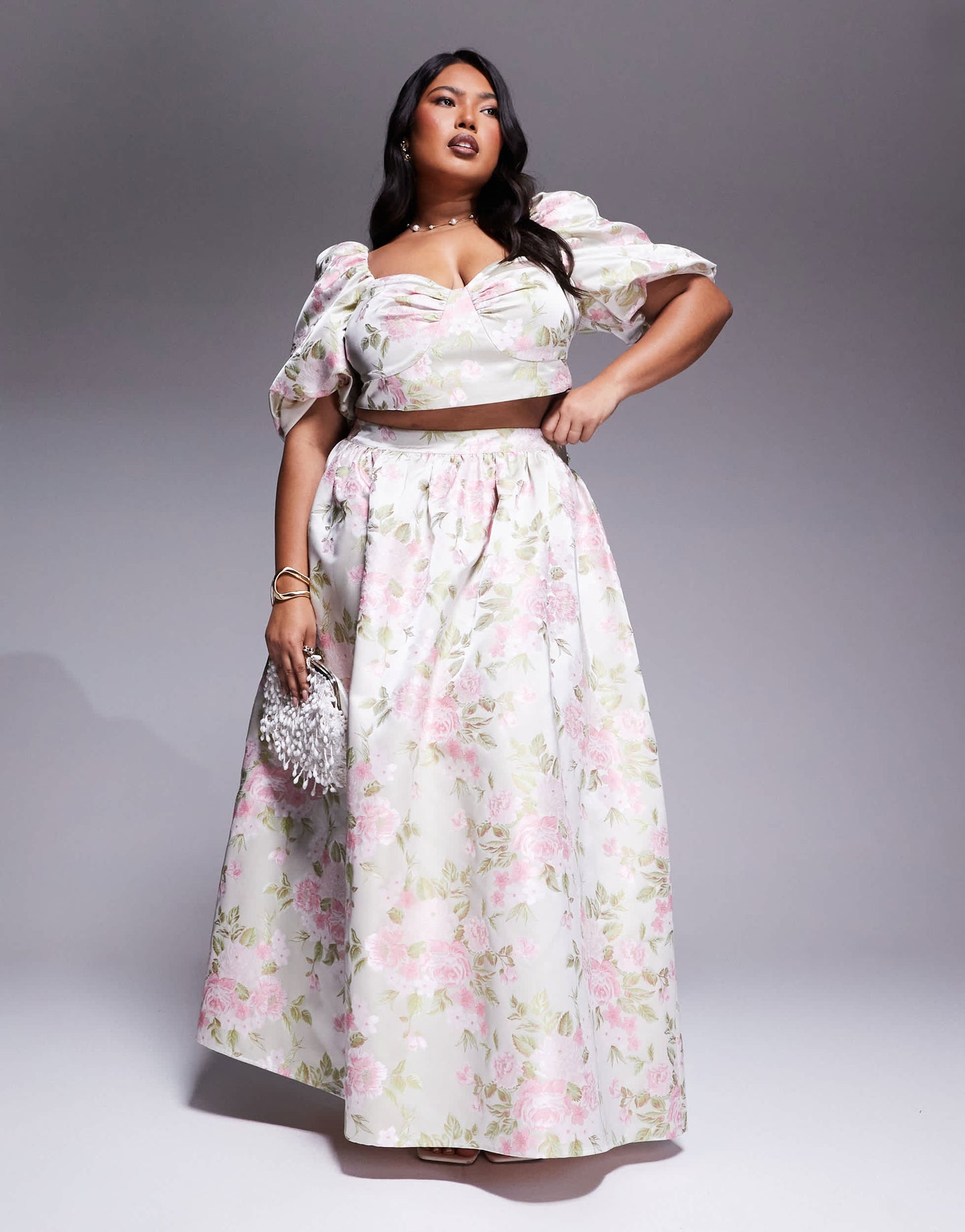 ASOS LUXE Curve co-ord jacquard puff sleeve top in tulip jacquard
