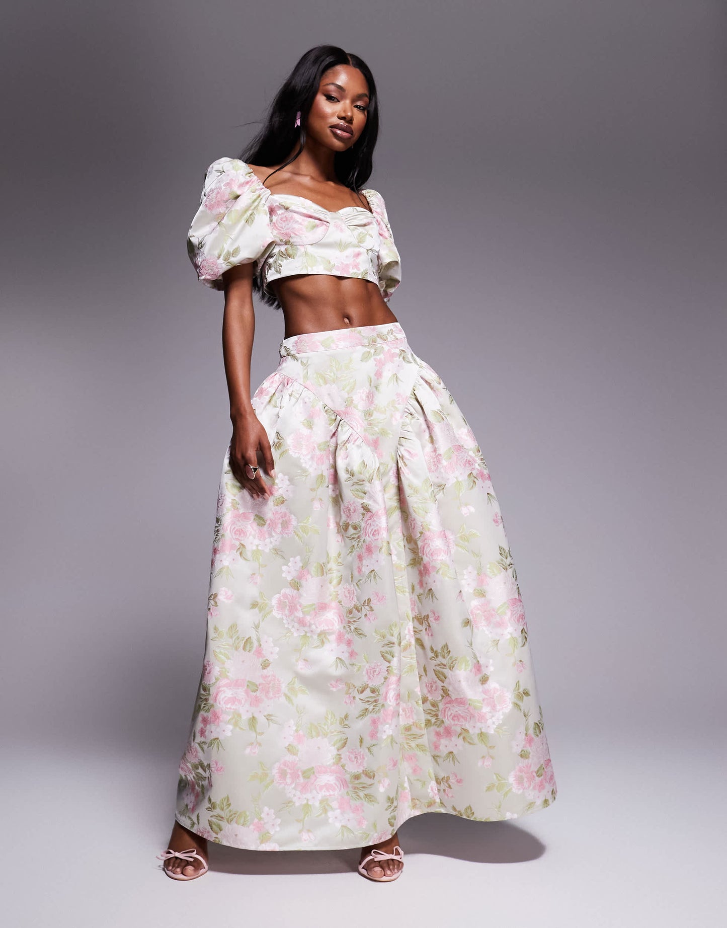 ASOS LUXE co-ord jacquard maxi skirt with bow back in tulip floral