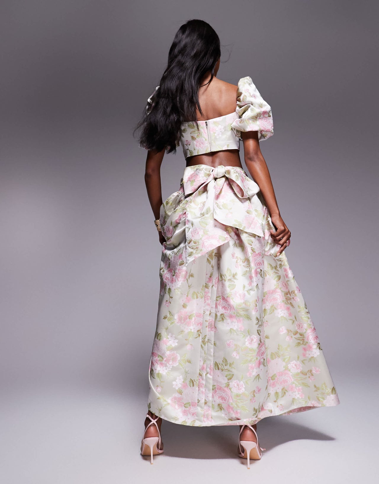 ASOS LUXE co-ord jacquard maxi skirt with bow back in tulip floral