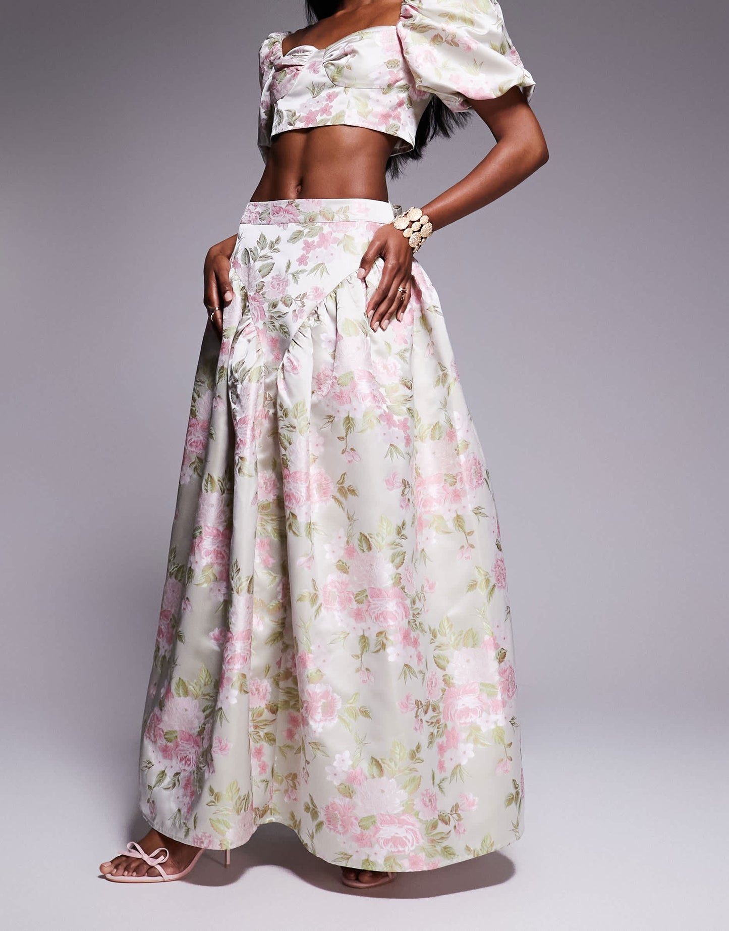 ASOS LUXE co-ord jacquard maxi skirt with bow back in tulip floral