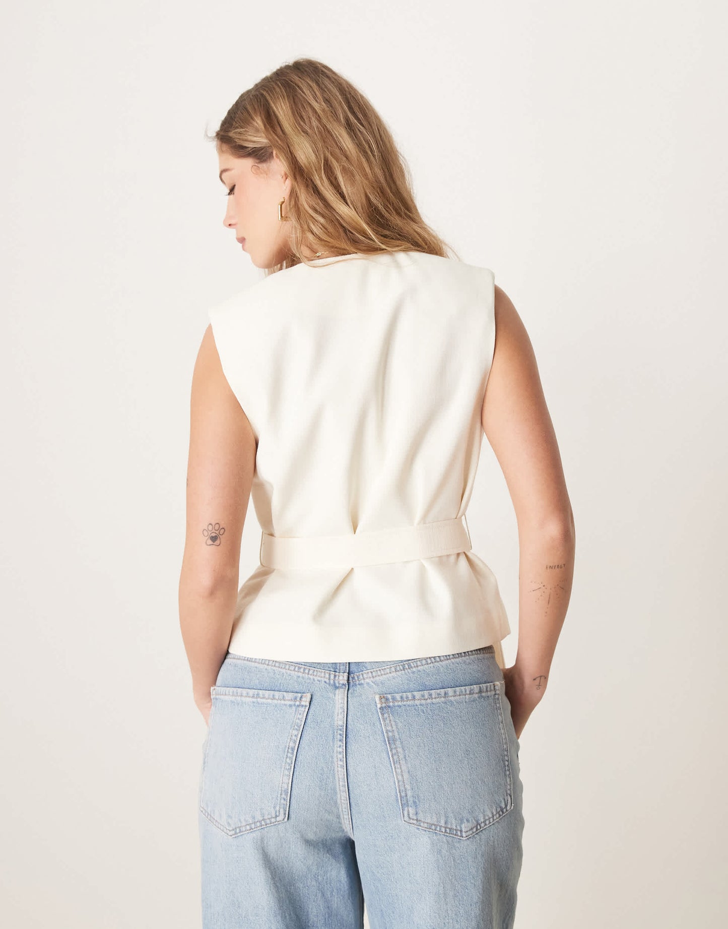 ASOS DESIGN linen look tie waistcoat in off white
