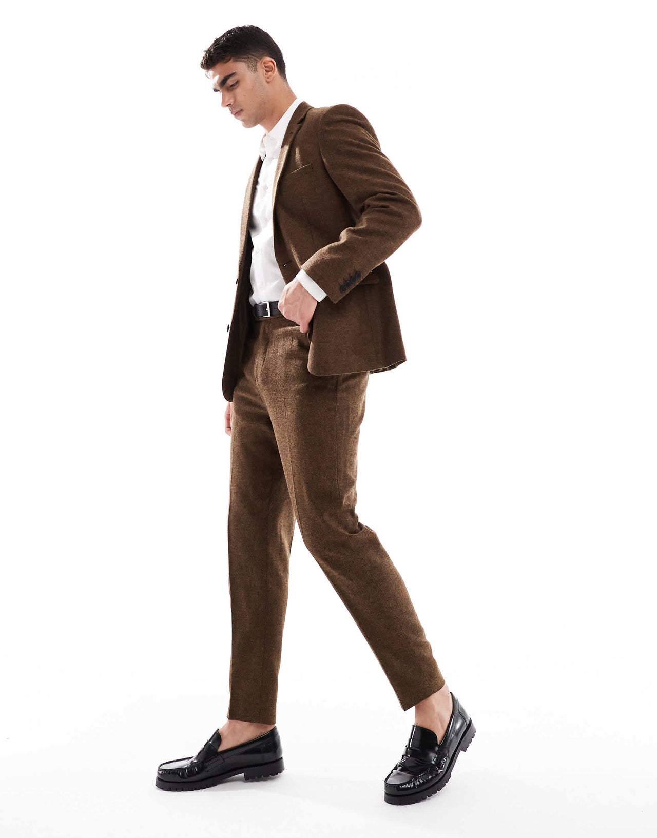 ASOS DESIGN wool blend tapered suit trousers in dark brown