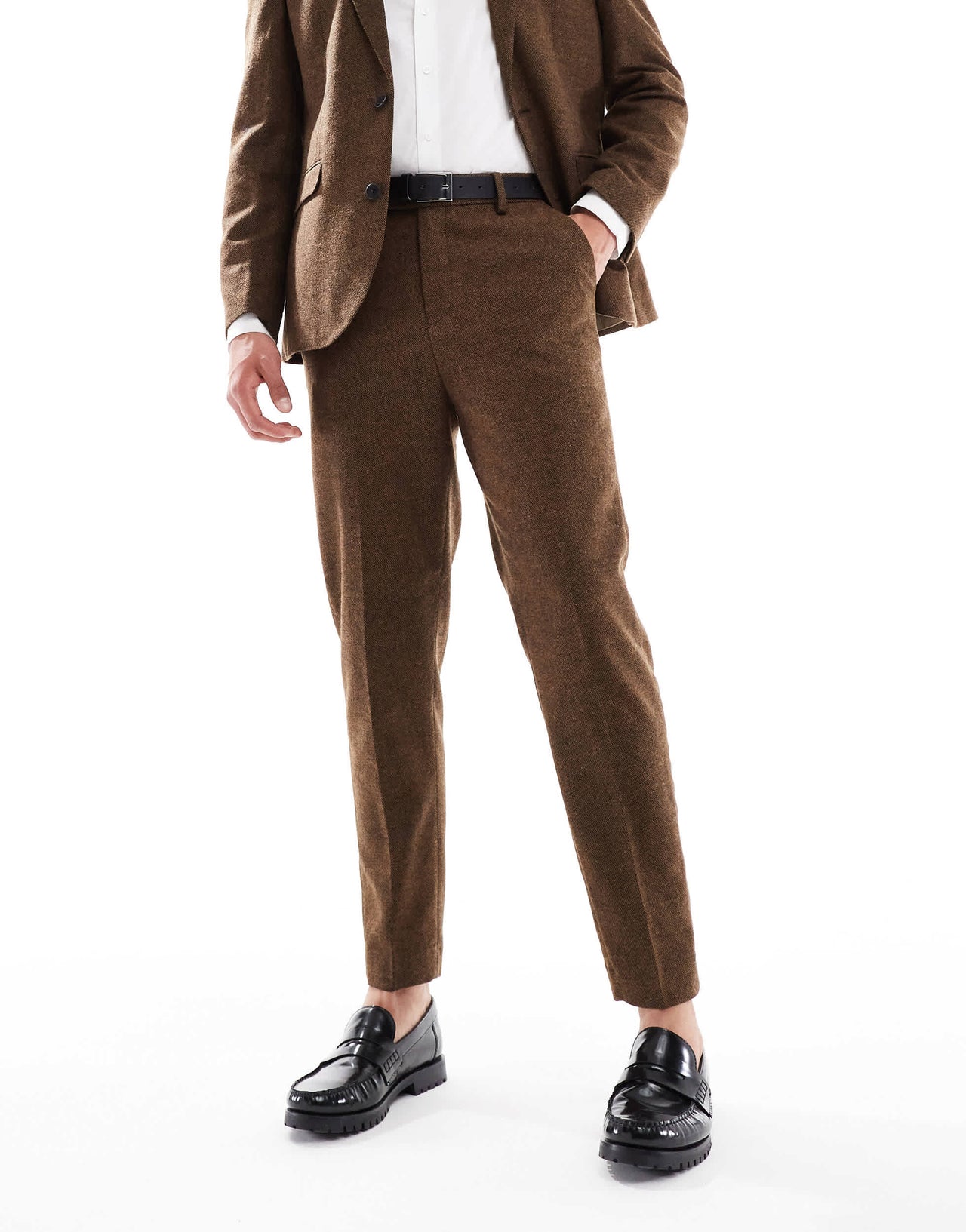 ASOS DESIGN wool blend tapered suit trousers in dark brown