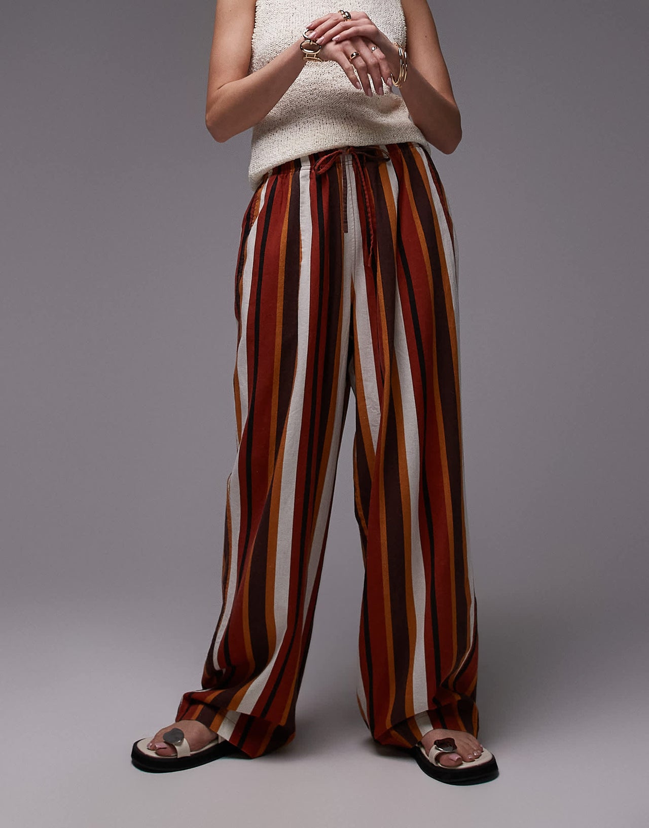 Topshop linen balloon trouser in chocolate stripe