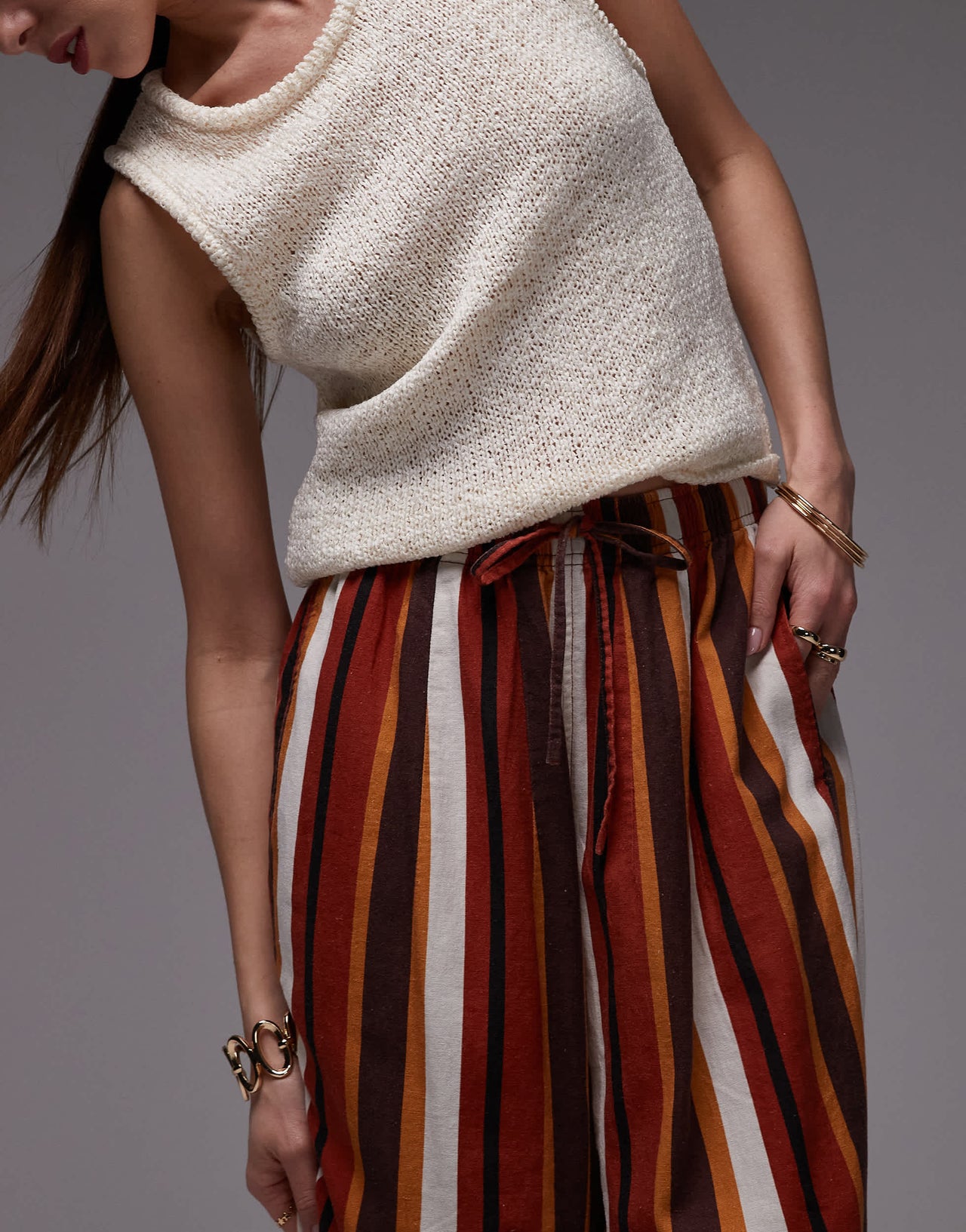 Topshop linen balloon trouser in chocolate stripe