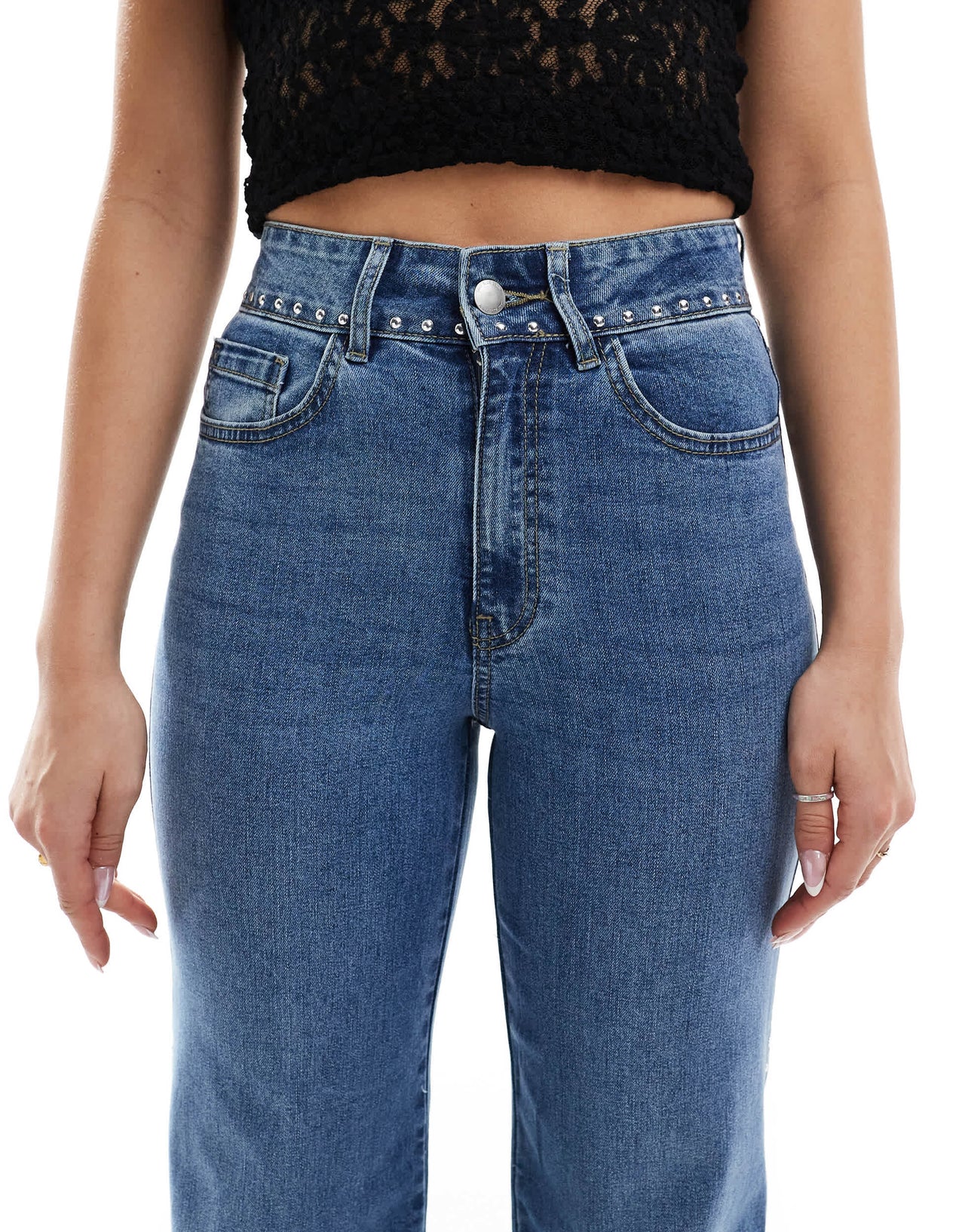 ONLY Juicy high waist wide leg jeans with stud in light wash