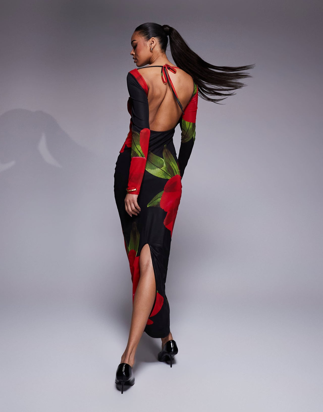 Murci exclusive mesh slash neck open back bodycon maxi dress in black and red flower print
