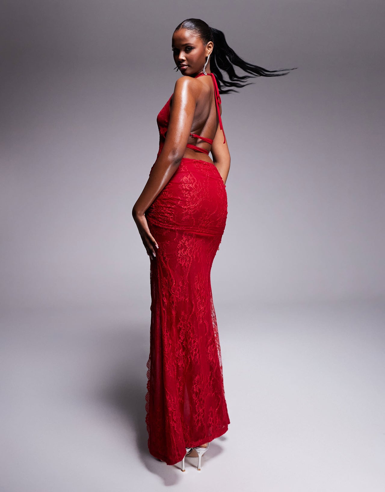 Murci exclusive lace halterneck deep plunge front split maxi dress in red