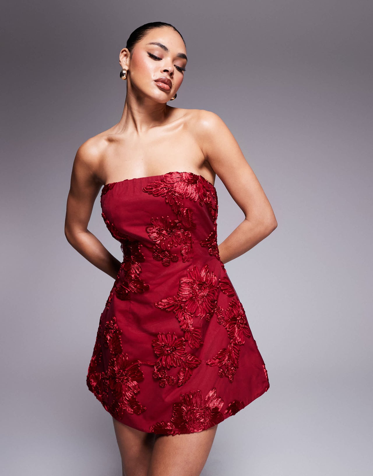 Murci exclusive flower applique structured bandeau mini dress in red