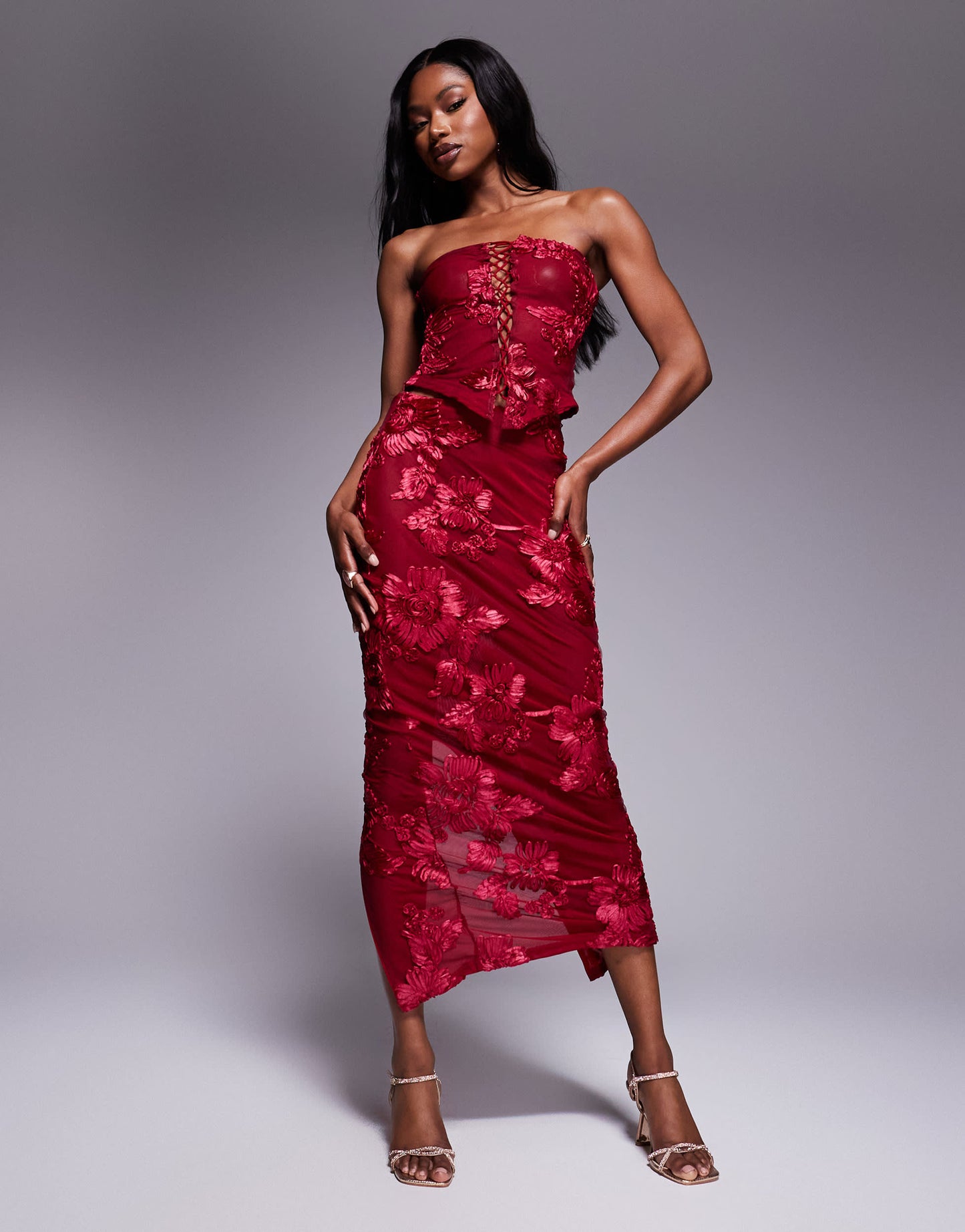 Murci exclusive mesh bandeau lace up top co-ord in textured red floral applique