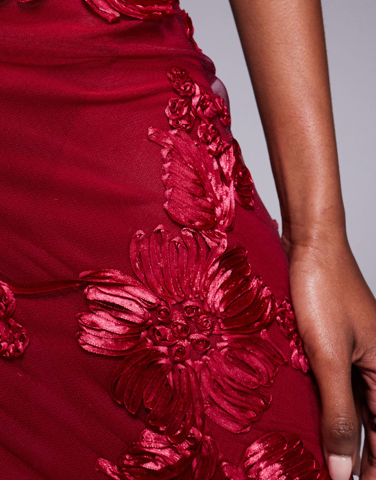 Murci exclusive mesh column maxi skirt co-ord in textured red floral applique