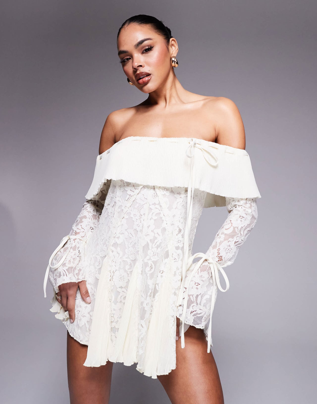 Murci exclusive lace bardot fit and flare godet detail mini dress in cream