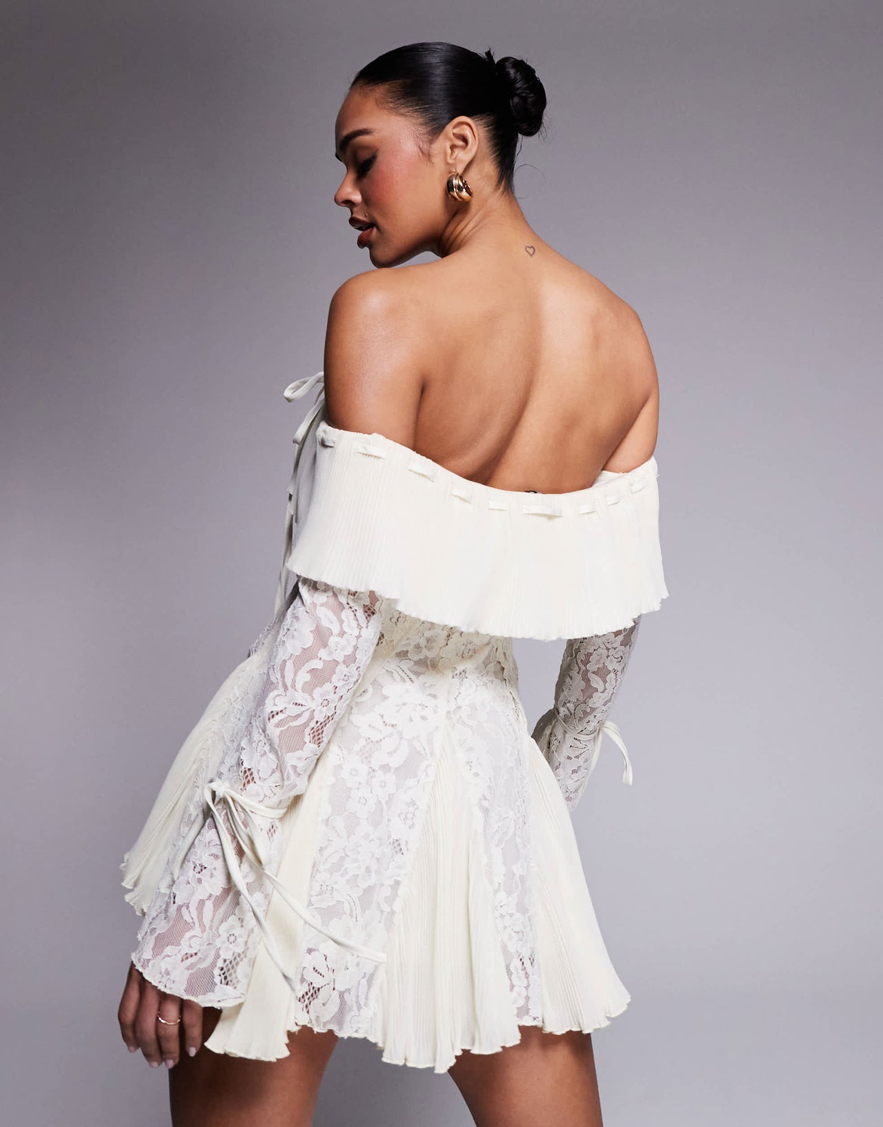 Murci exclusive lace bardot fit and flare godet detail mini dress in cream