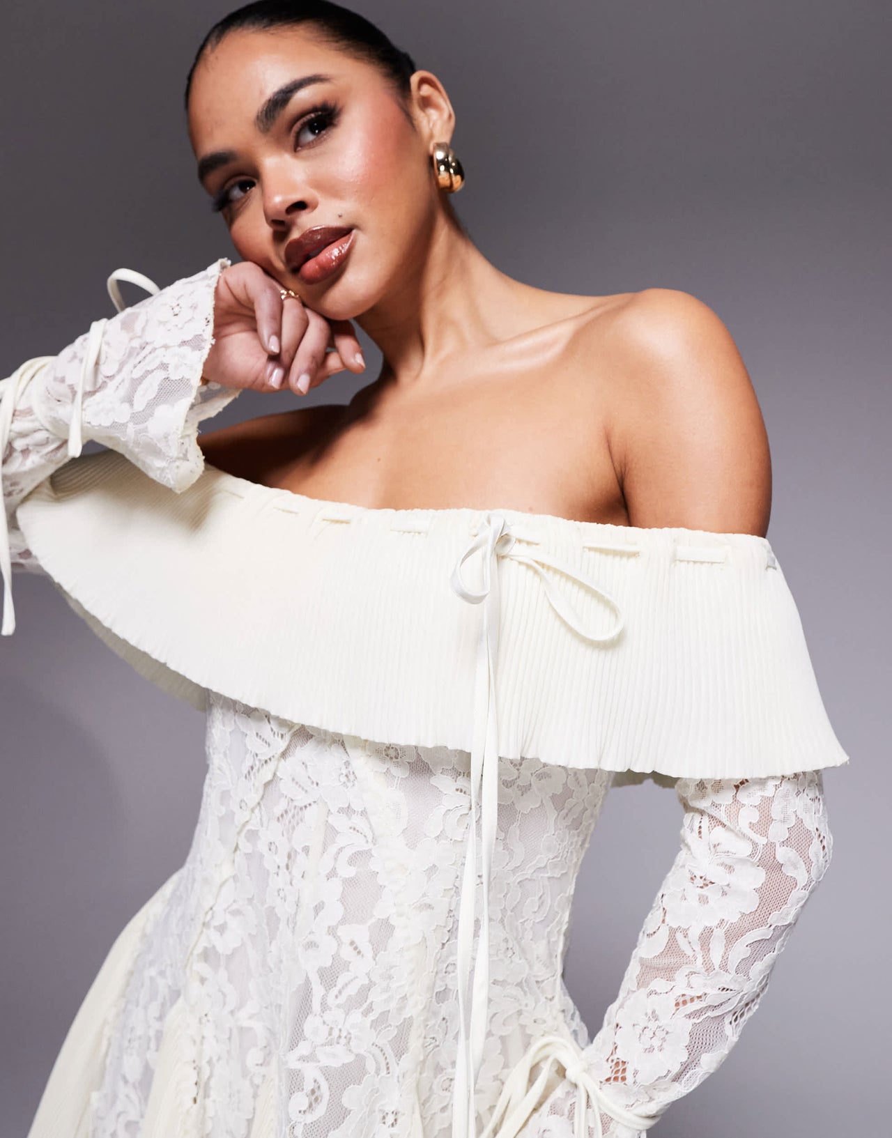 Murci exclusive lace bardot fit and flare godet detail mini dress in cream
