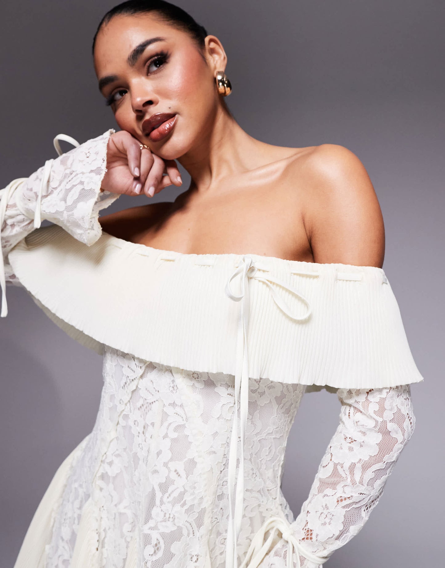 Murci exclusive lace bardot fit and flare godet detail mini dress in cream