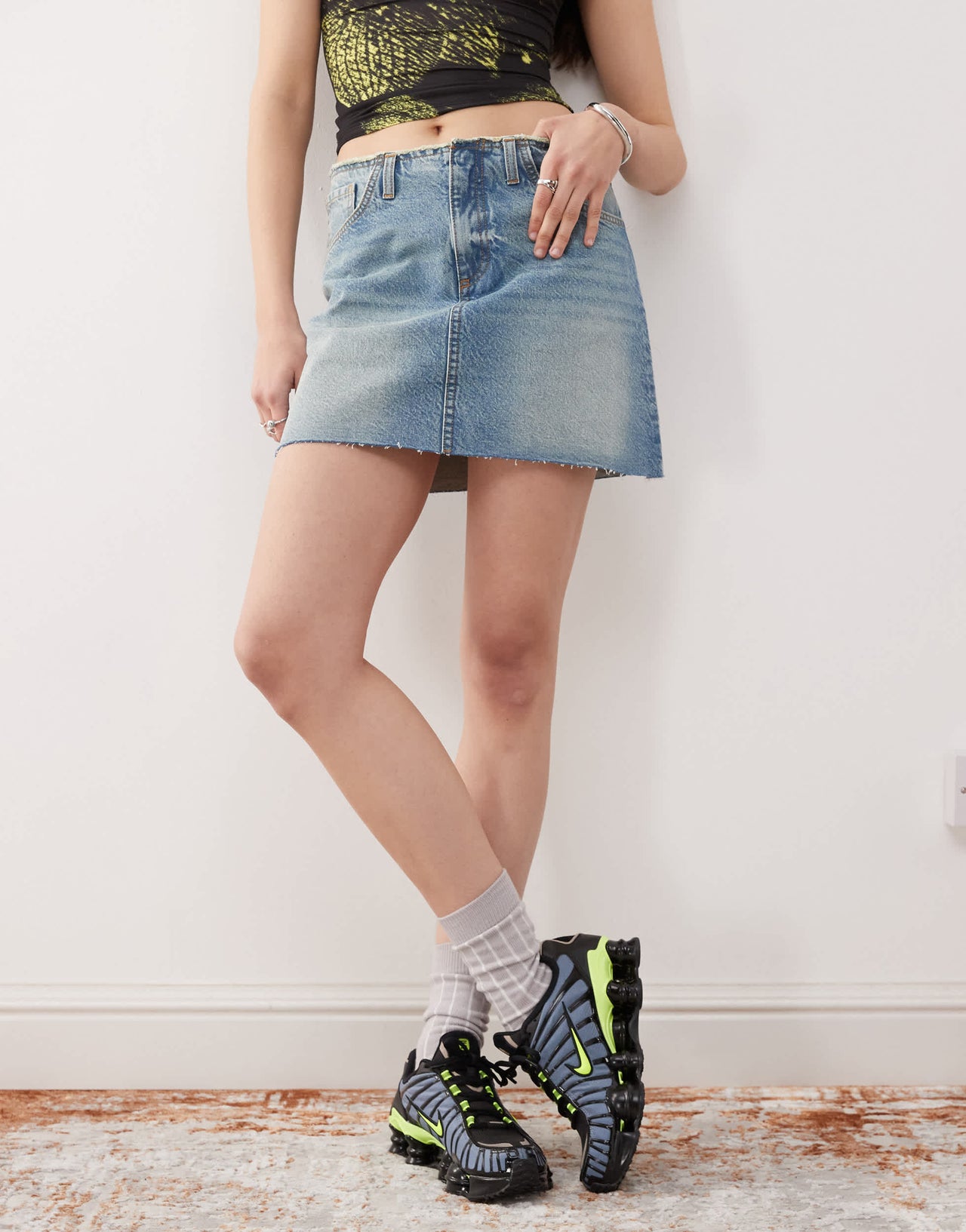 COLLUSION raw hem denim mini skirt in midwash