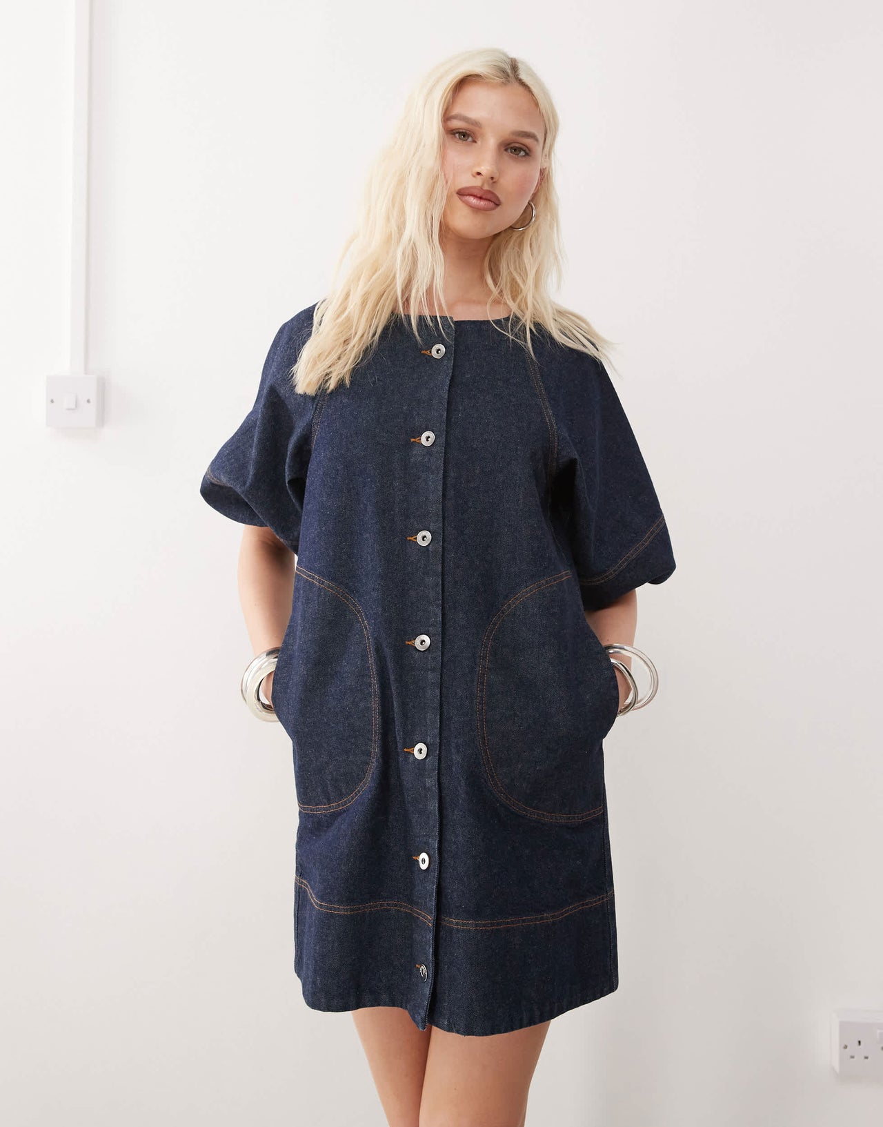 COLLUSION denim shirt dress with puff sleeves in rinse wash