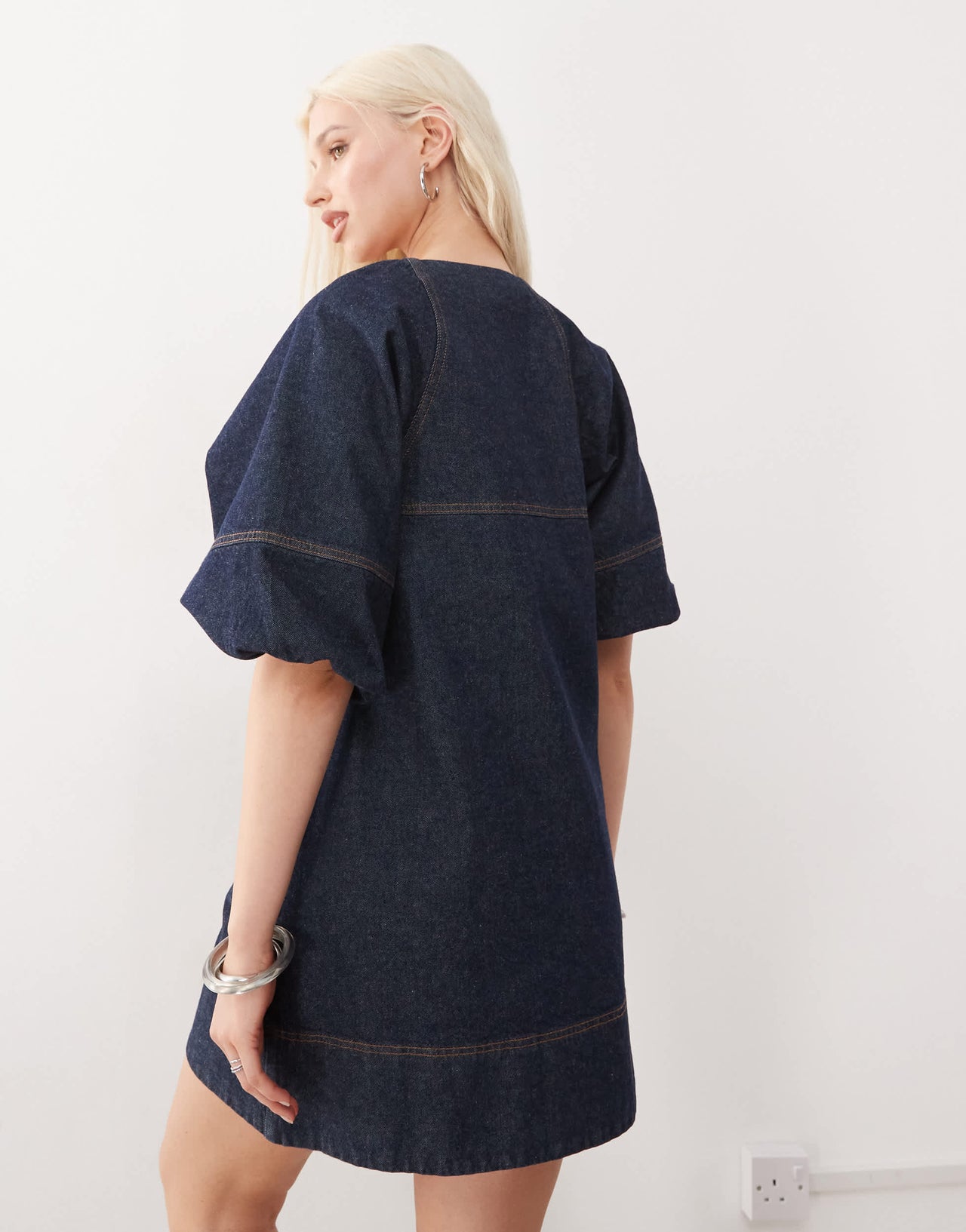COLLUSION denim shirt dress with puff sleeves in rinse wash