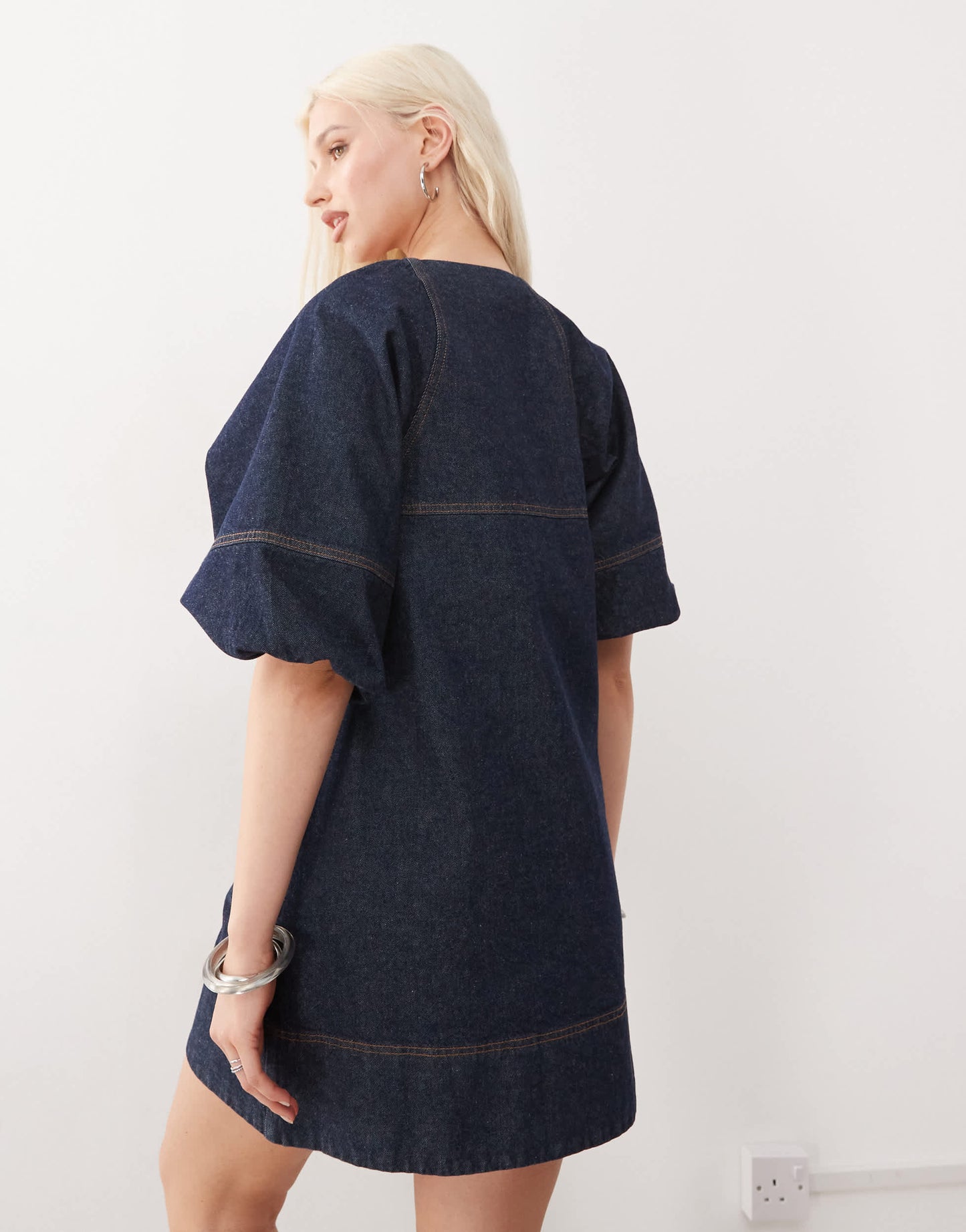 COLLUSION denim shirt dress with puff sleeves in rinse wash