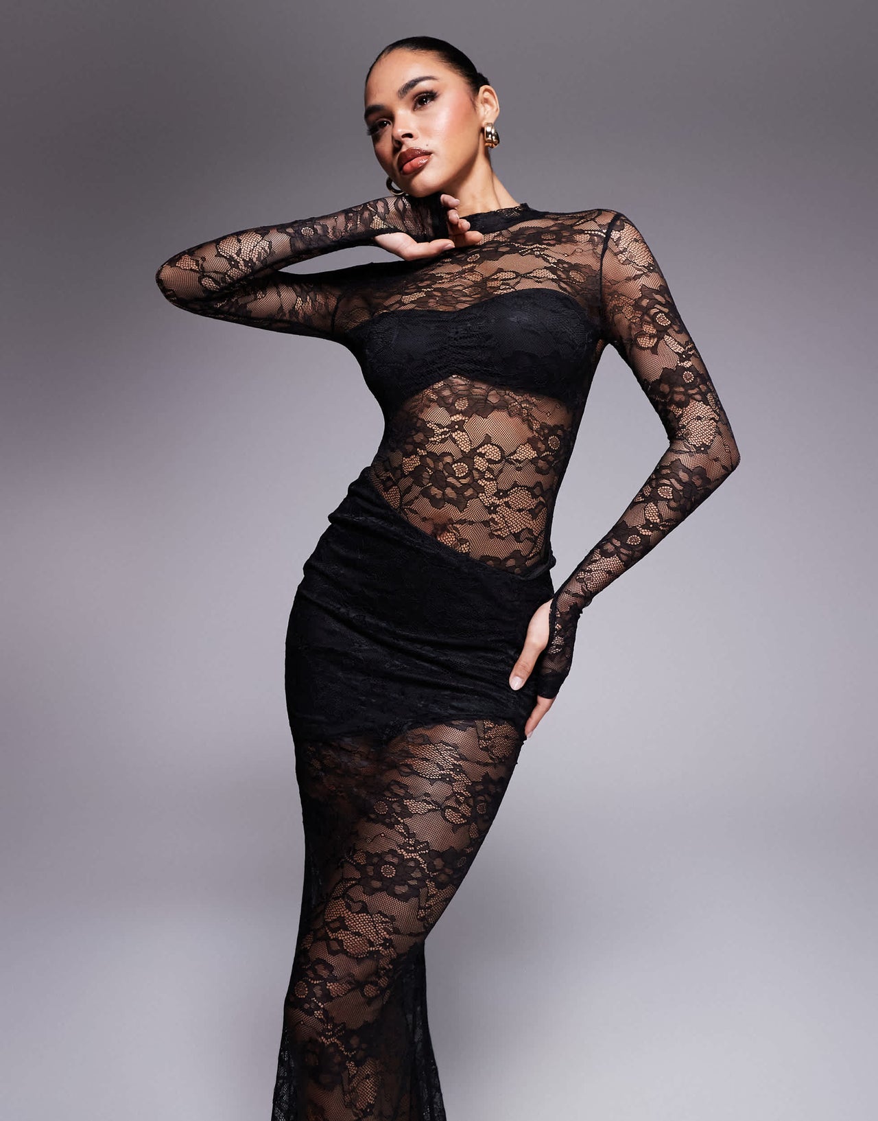 Wanderdoll Britney high neck lace bodysuit and drape detail maxi skirt set in black