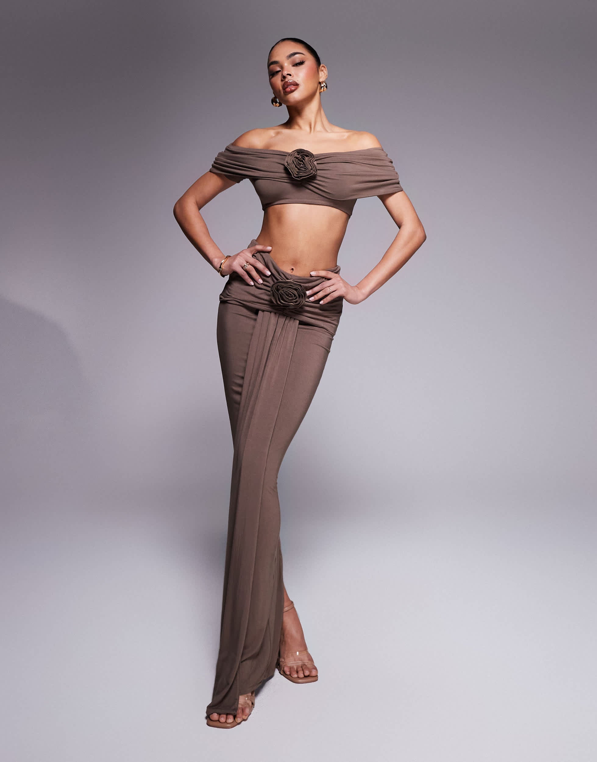 Wanderdoll Belle ruched bardot top and maxi skirt set with corsage drape detail in chocolate