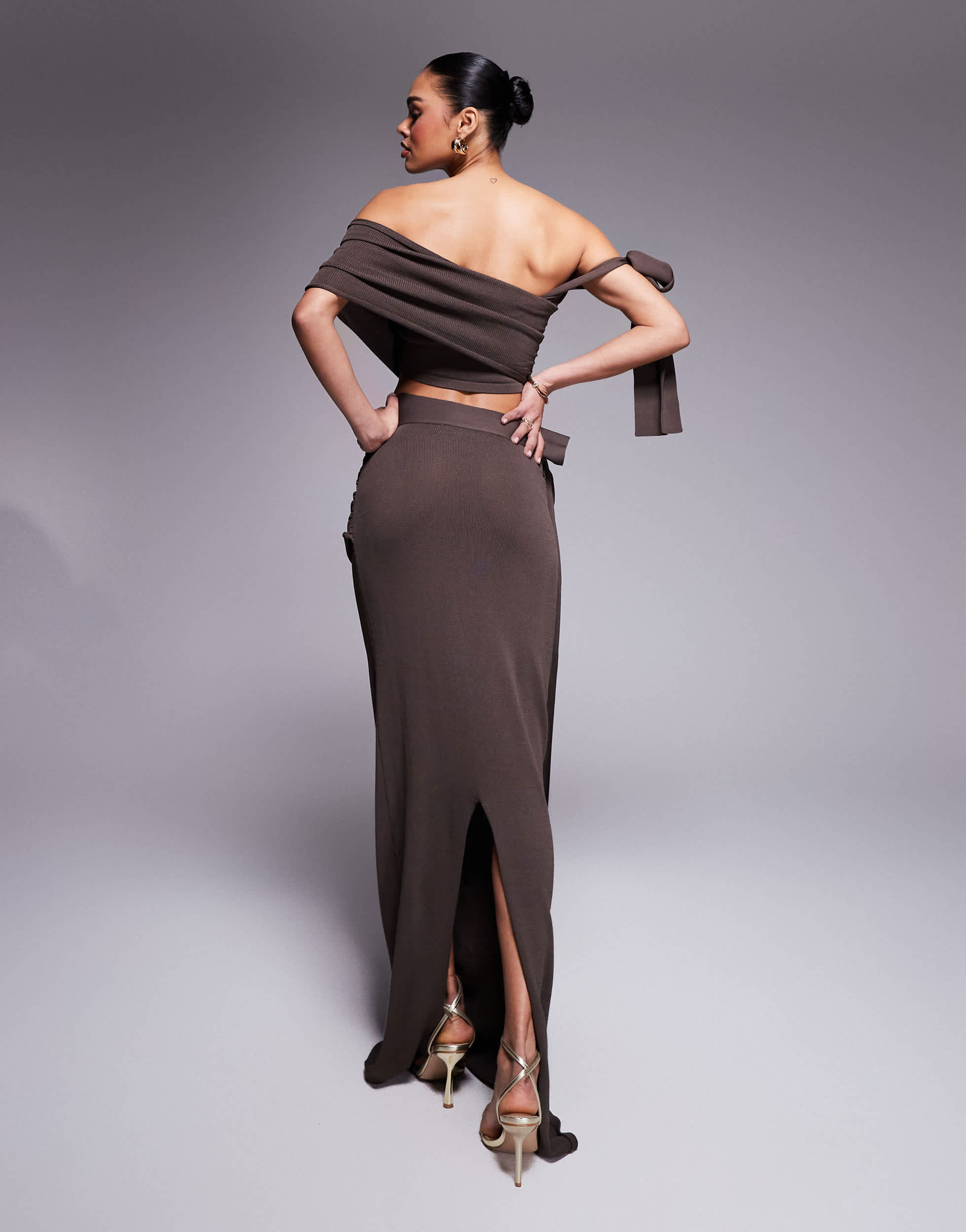 Wanderdoll Lois knitted off shoulder tie detail and v front maxi skirt set in chocolate