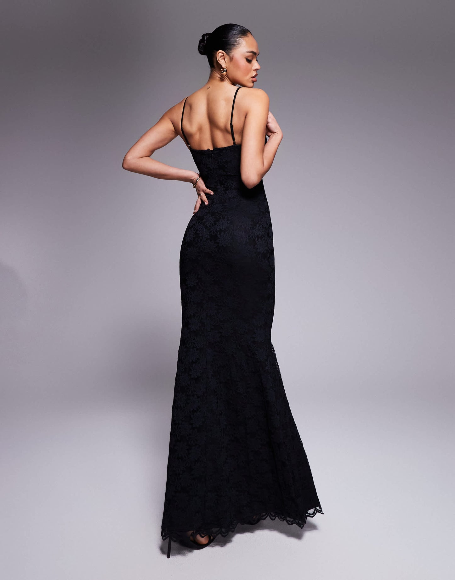 Wanderdoll Leah structured cami lace fishtail maxi dress in black