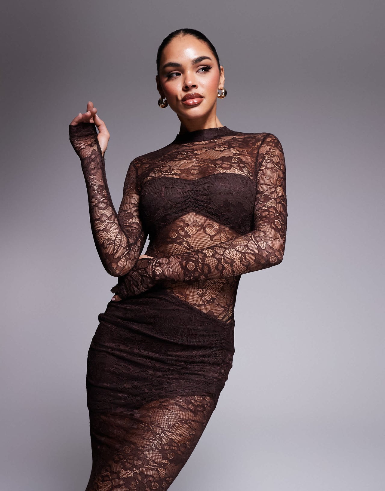 Wanderdoll Britney high neck lace bodysuit and drape detail maxi skirt set in chocolate