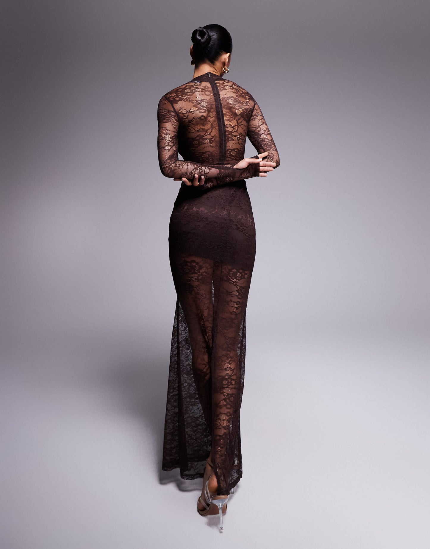 Wanderdoll Britney high neck lace bodysuit and drape detail maxi skirt set in chocolate