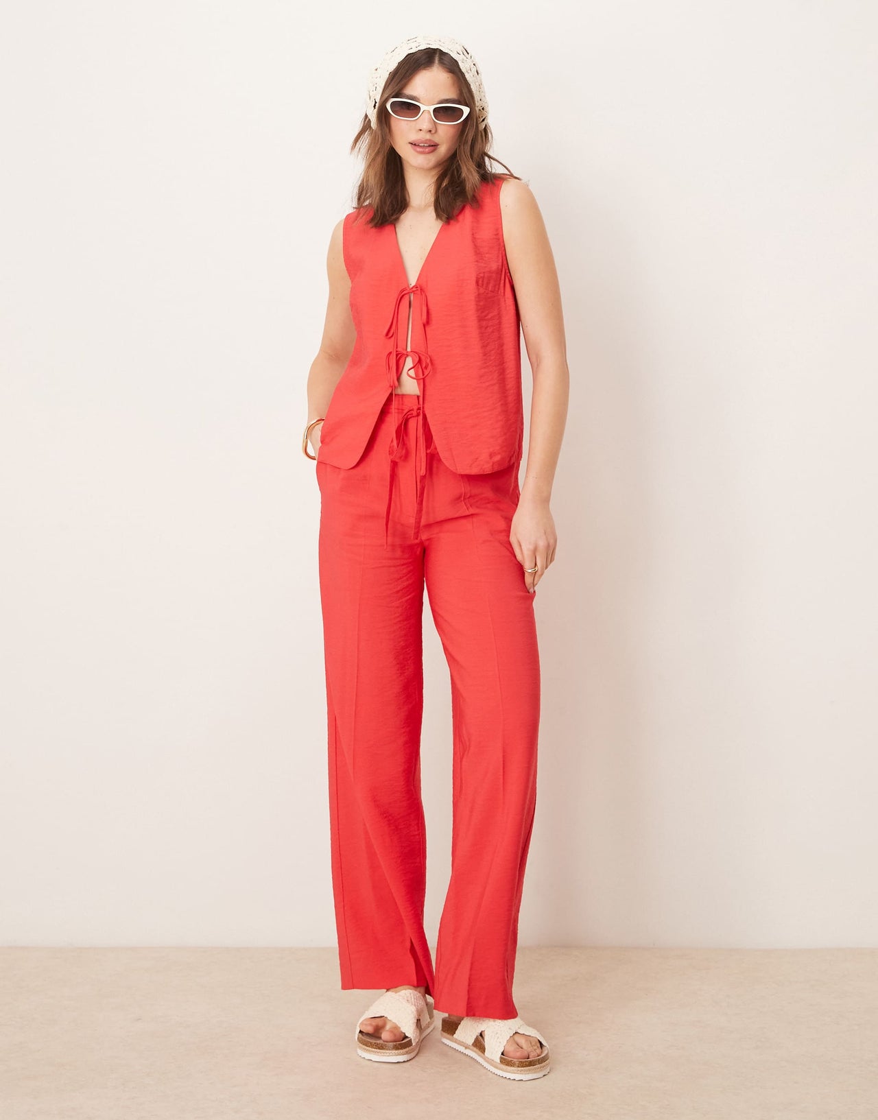 ASOS DESIGN linen look tie front top co-ord in red