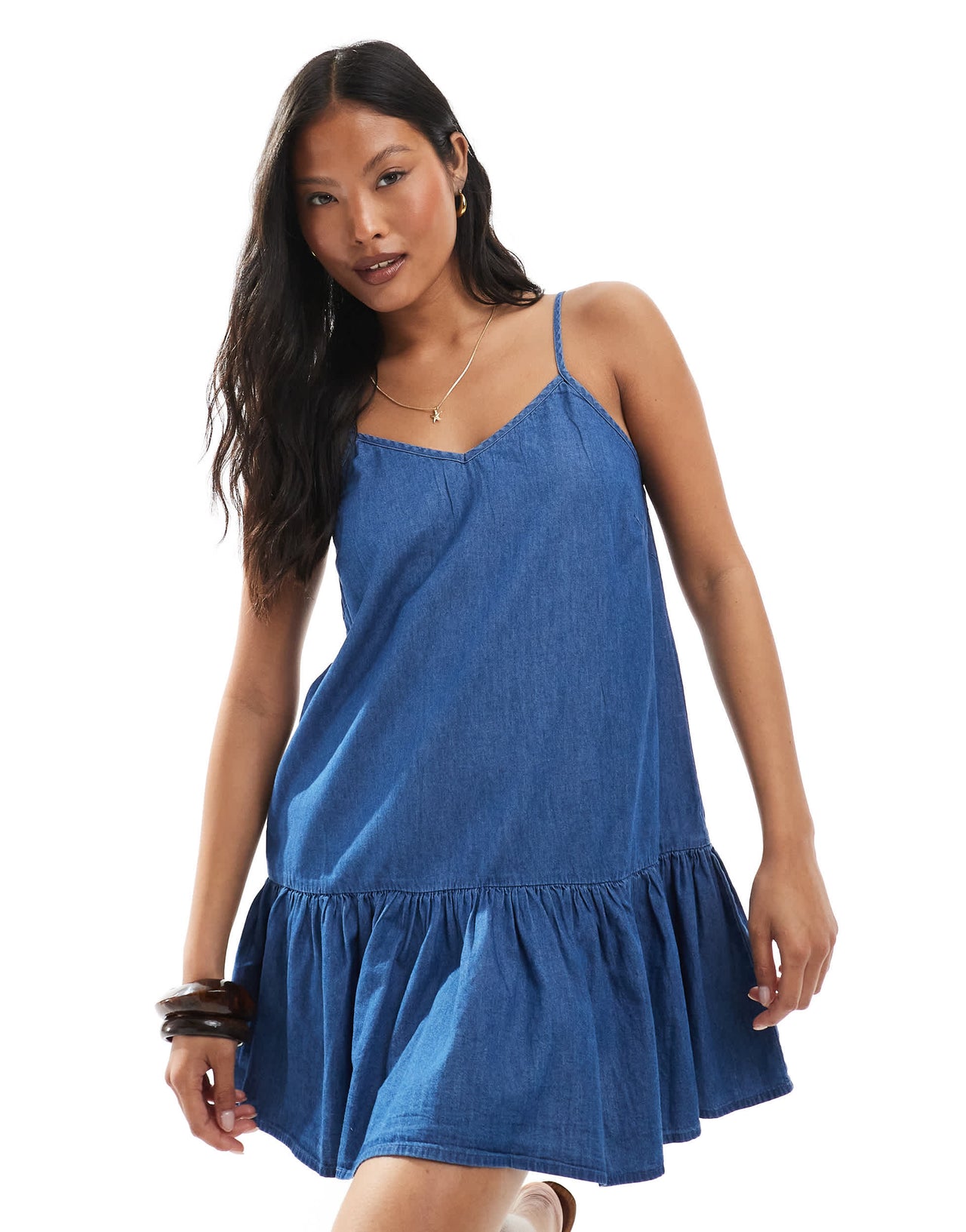 ONLY Petite dropped waist chambray mini dress in mid blue