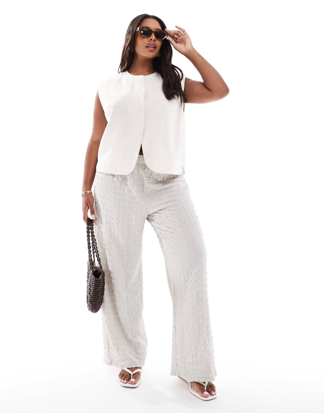 ONLY Curve seersucker wide leg trousers in ice grey
