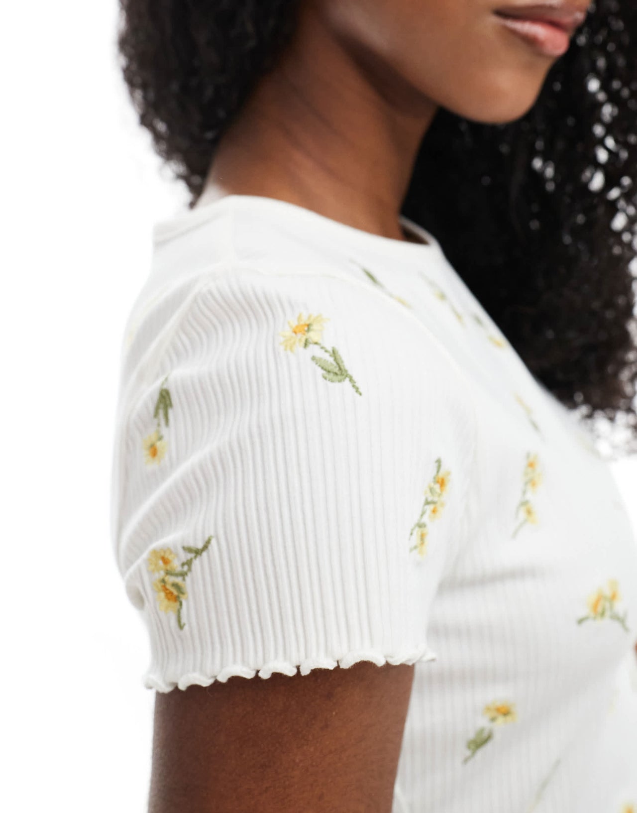Miss Selfridge embroidered short sleeve ribbed lettuce edge t-shirt